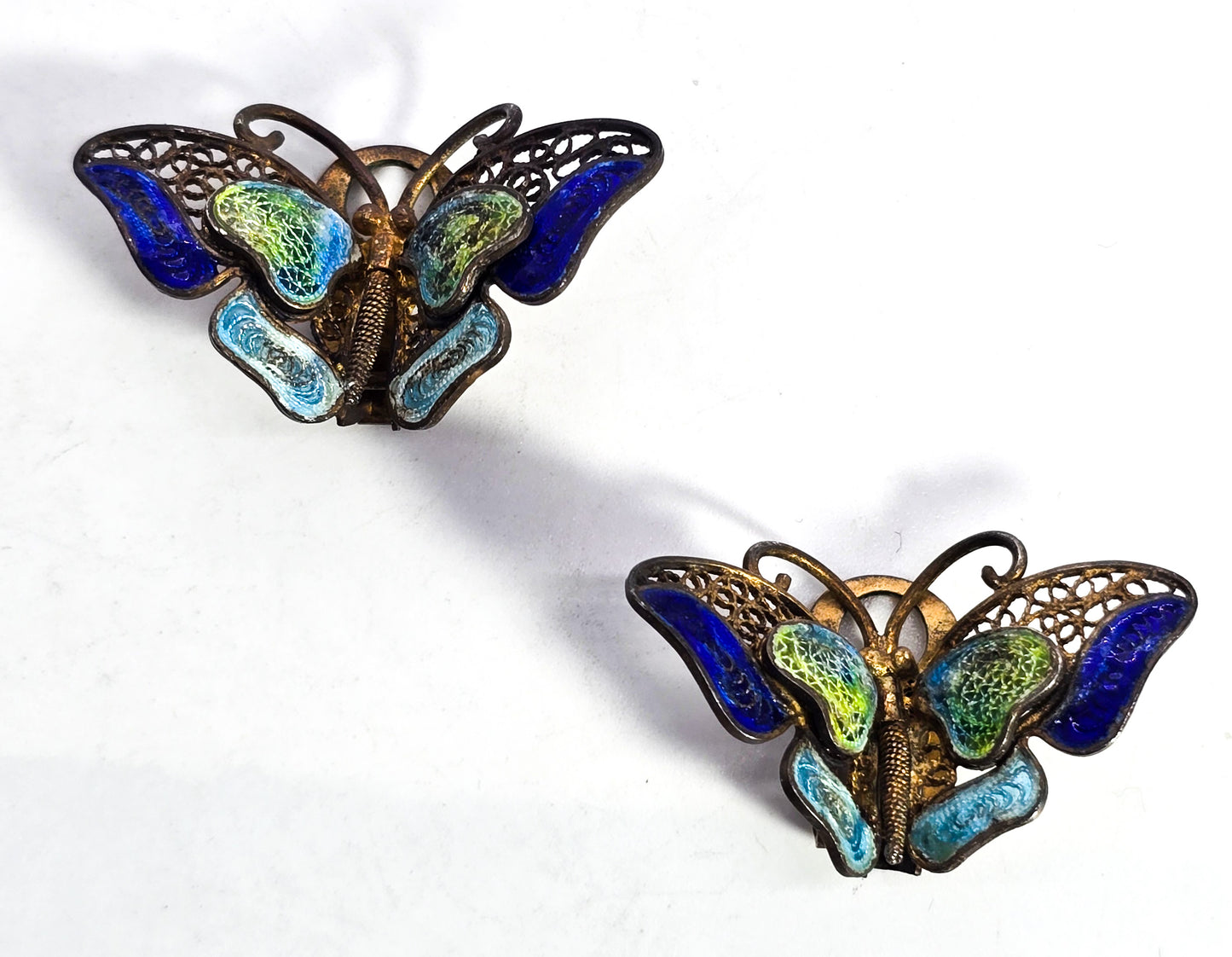 ALIOTO ADRIANA Blue purple enamel spun silver Butterfly clip on earrings vintage