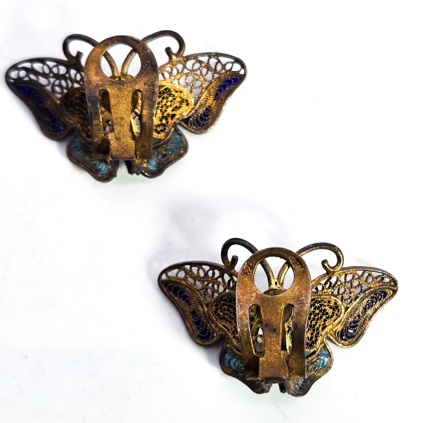 ALIOTO ADRIANA Blue purple enamel spun silver Butterfly clip on earrings vintage