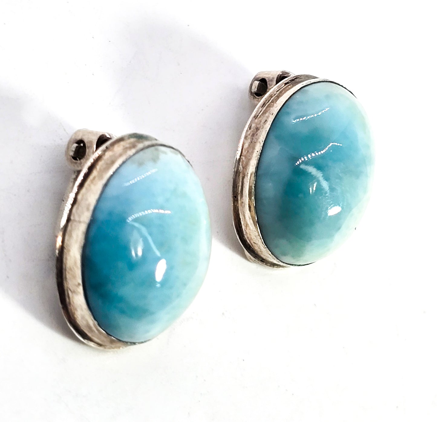 Larimar Dominican Republic blue gemstone sterling silver clip on earrings