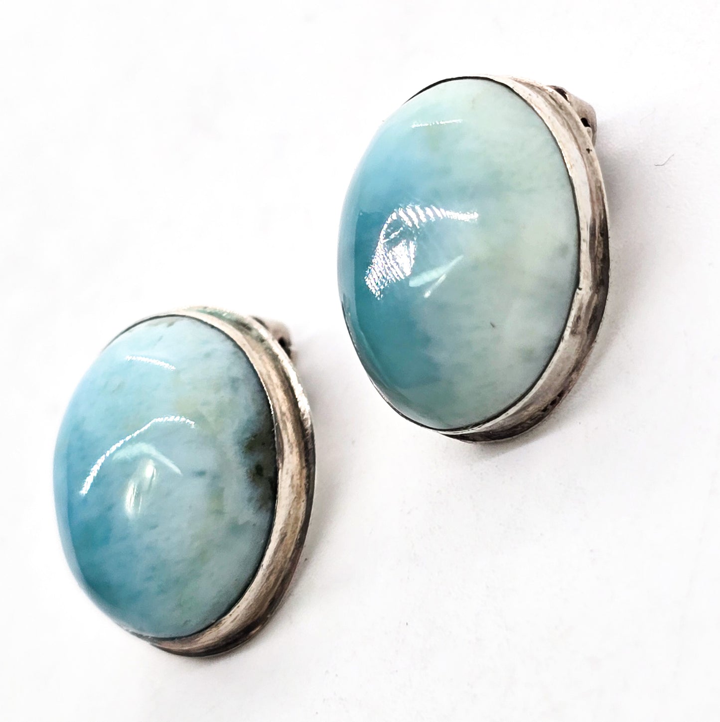 Larimar Dominican Republic blue gemstone sterling silver clip on earrings