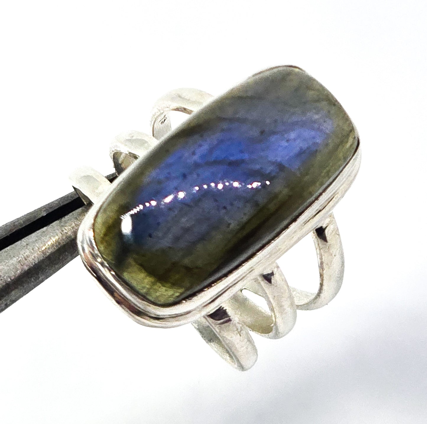 Blue Flashy Labradorite large sterling silver split shank India YS statement ring size 7