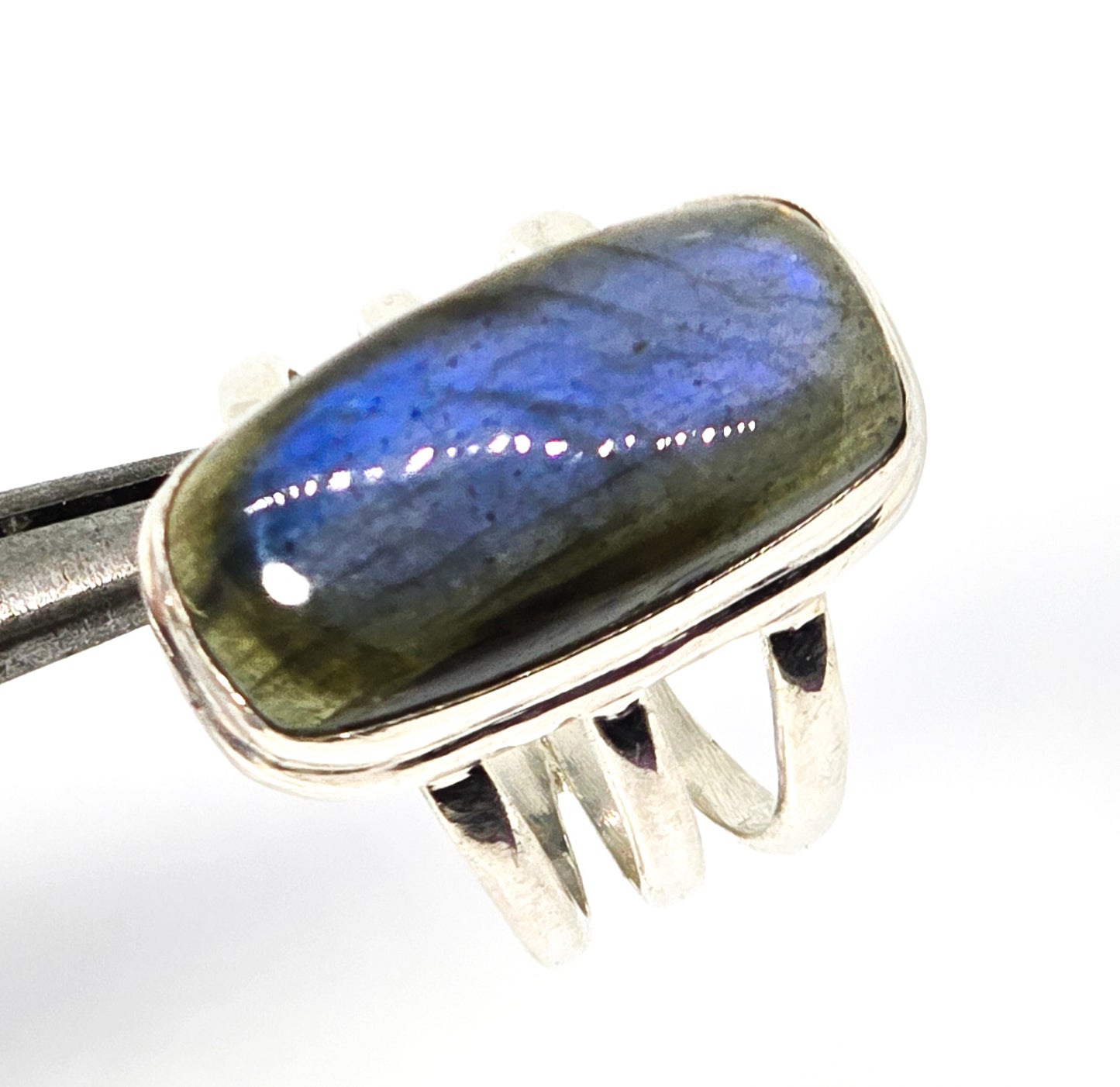 Blue Flashy Labradorite large sterling silver split shank India YS statement ring size 7