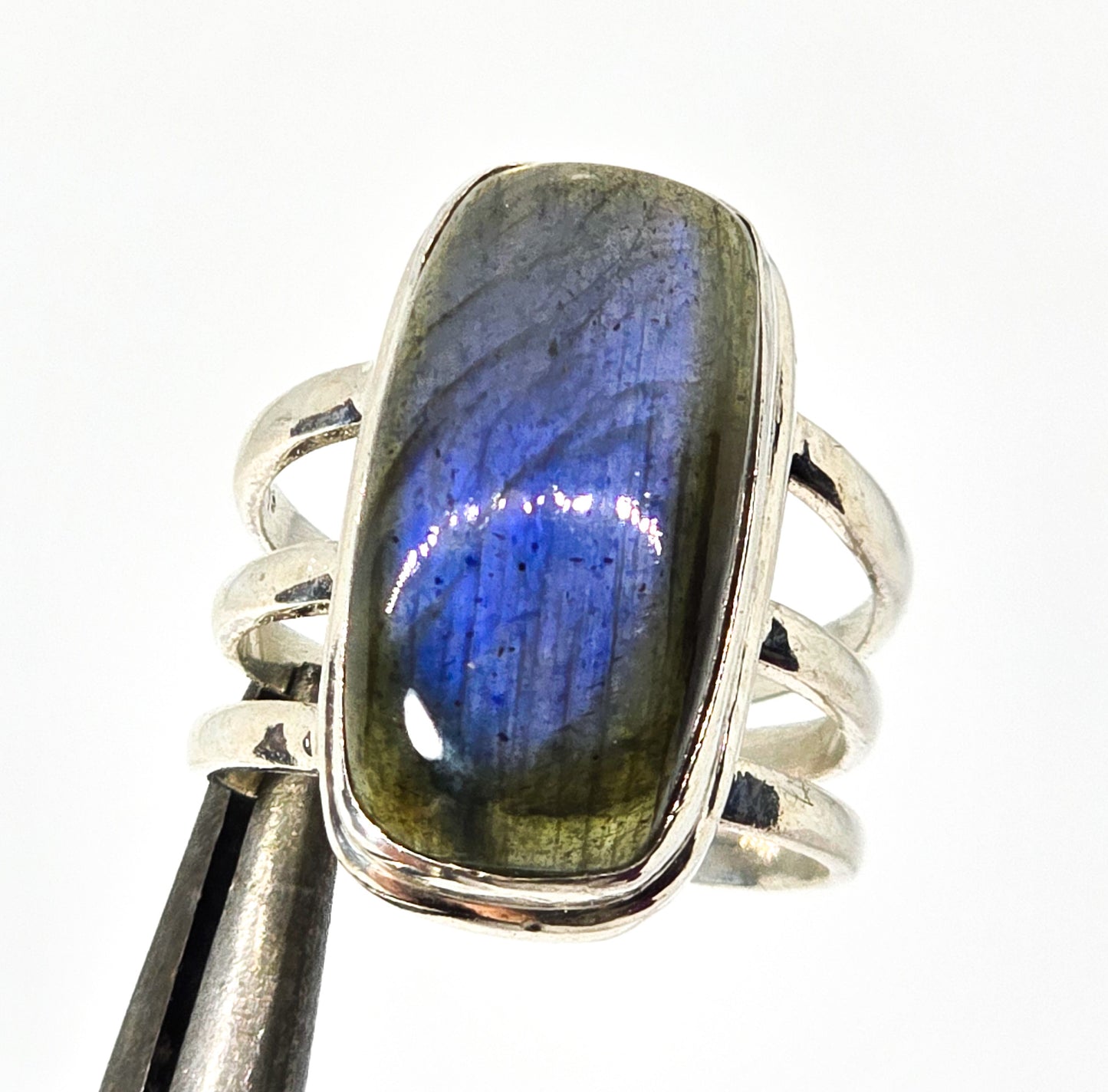 Blue Flashy Labradorite large sterling silver split shank India YS statement ring size 7