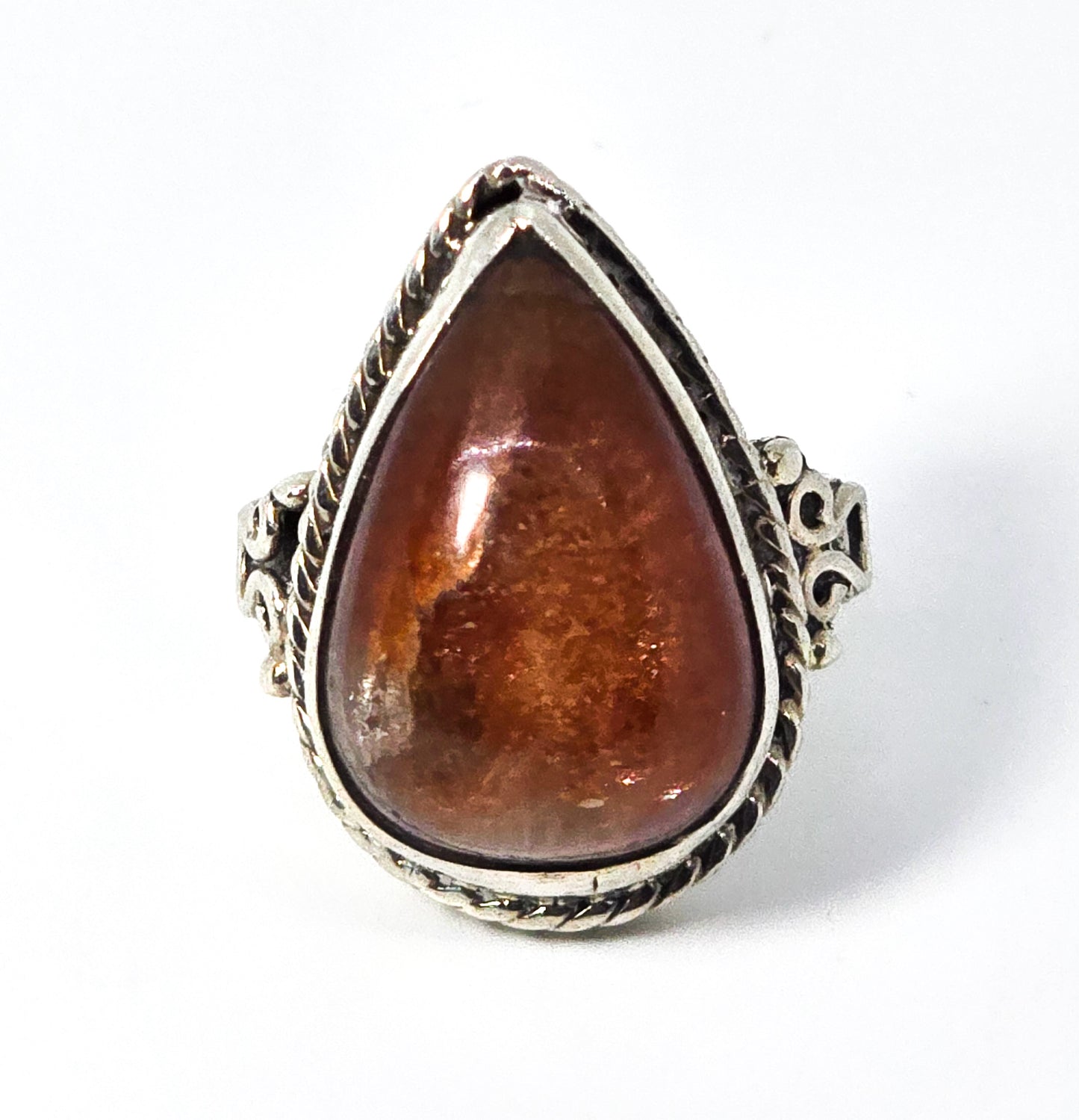 Sunstone large orange gemstone pear cut sterling silver Bali tribal ring size 6