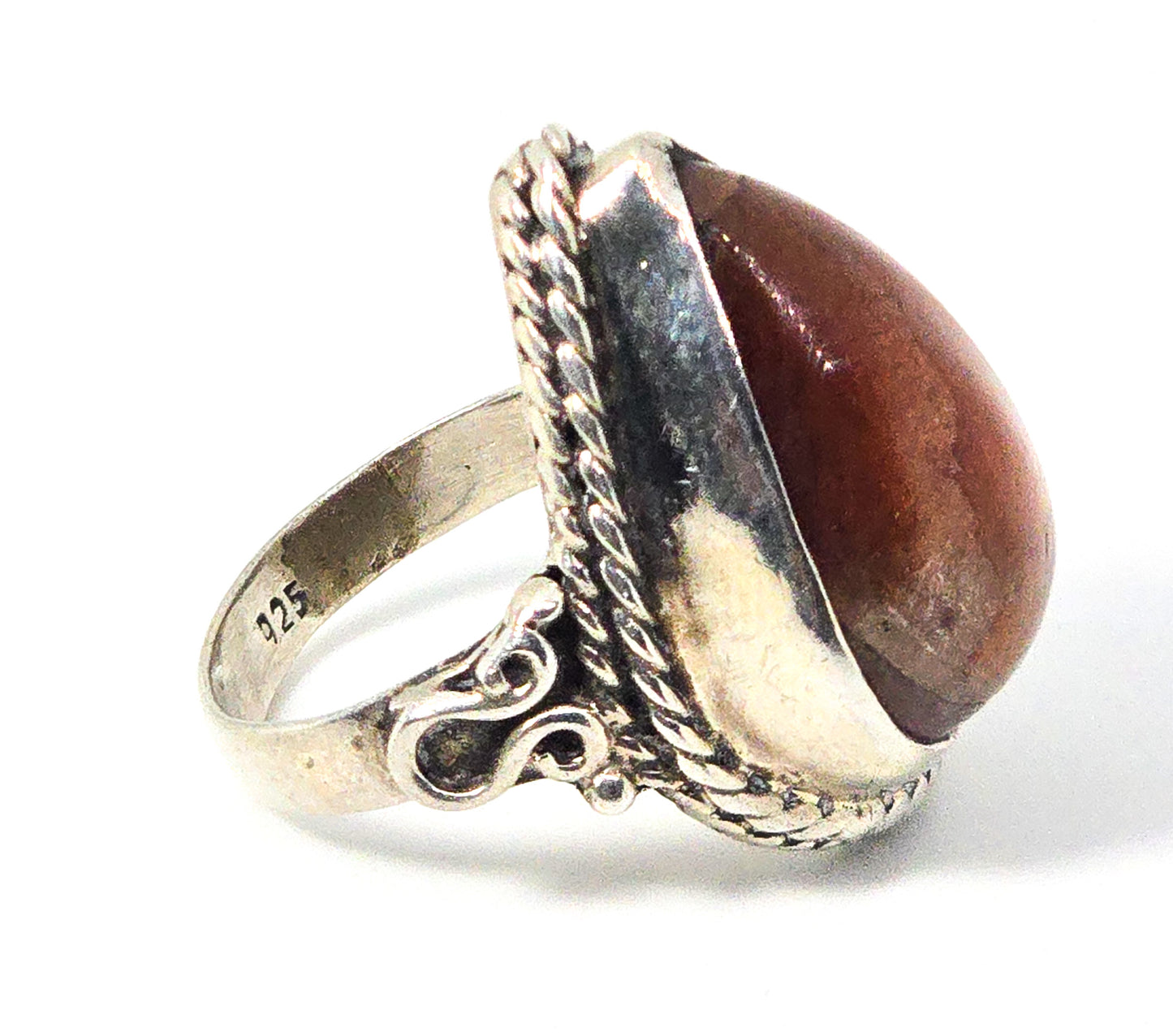 Sunstone large orange gemstone pear cut sterling silver Bali tribal ring size 6