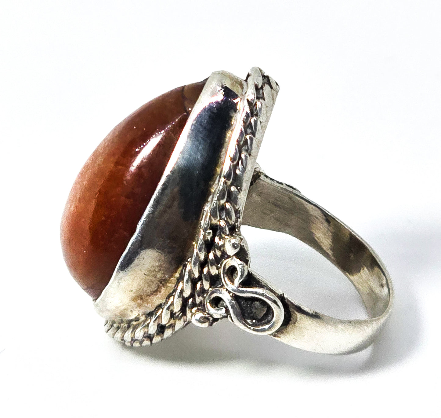 Sunstone large orange gemstone pear cut sterling silver Bali tribal ring size 6