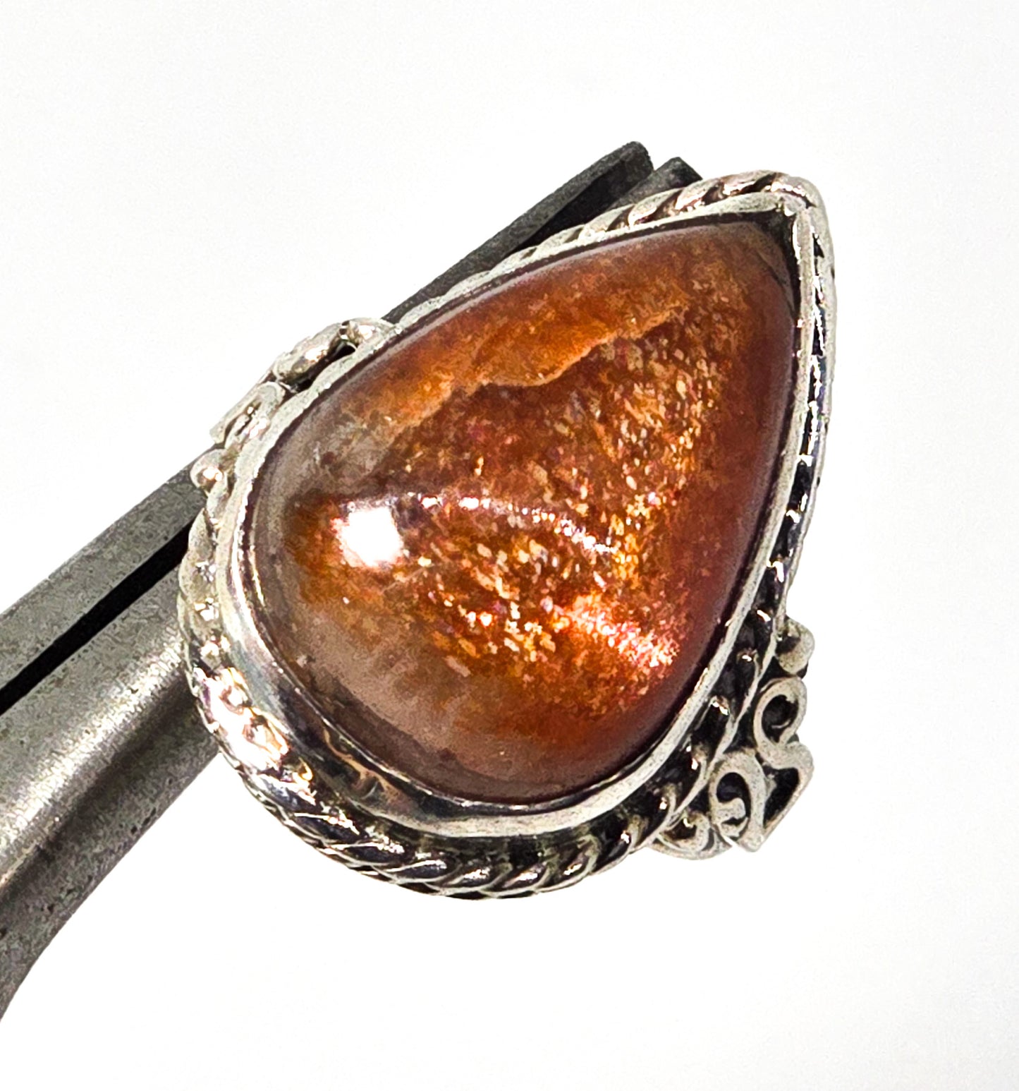 Sunstone large orange gemstone pear cut sterling silver Bali tribal ring size 6