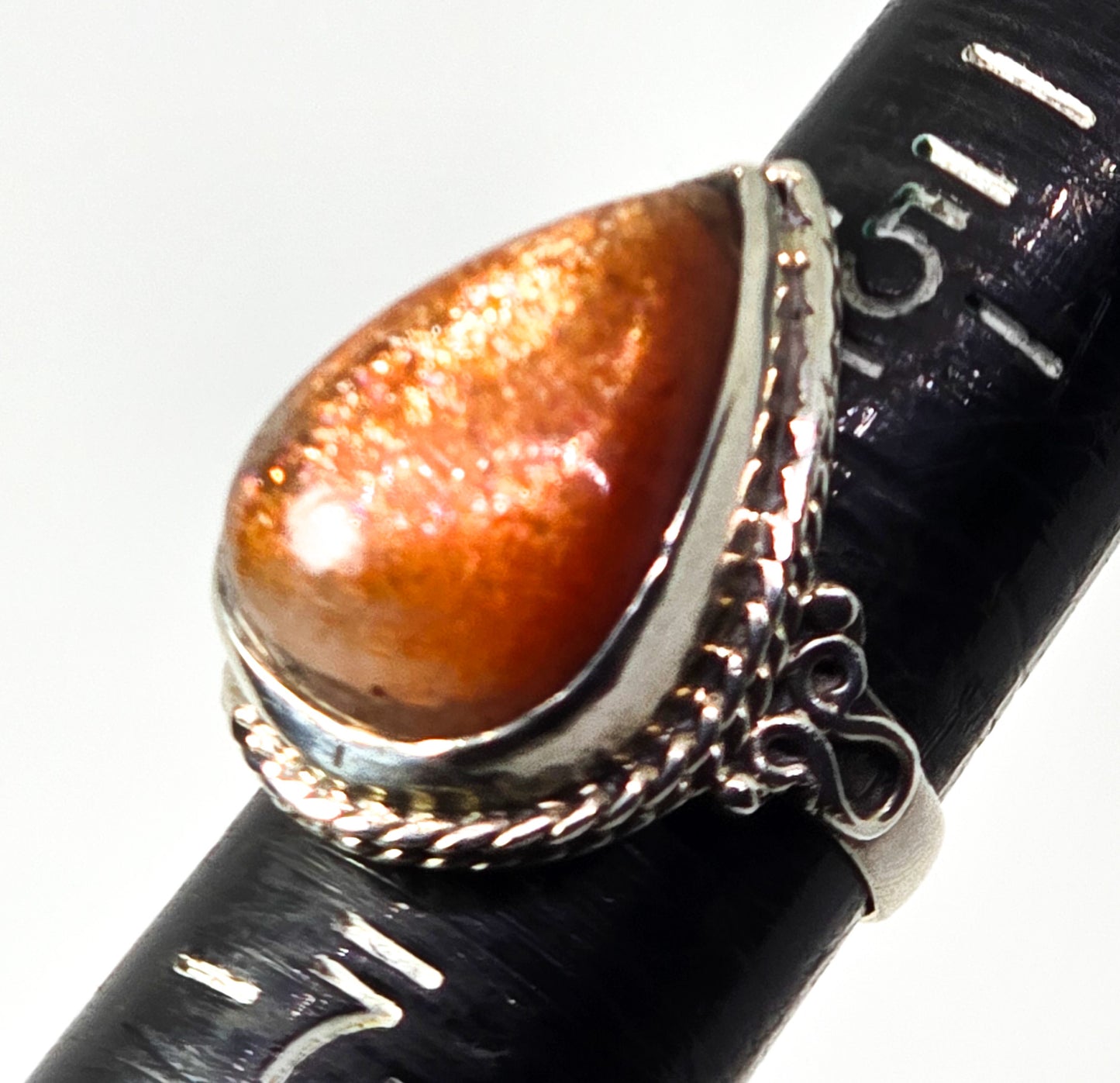 Sunstone large orange gemstone pear cut sterling silver Bali tribal ring size 6