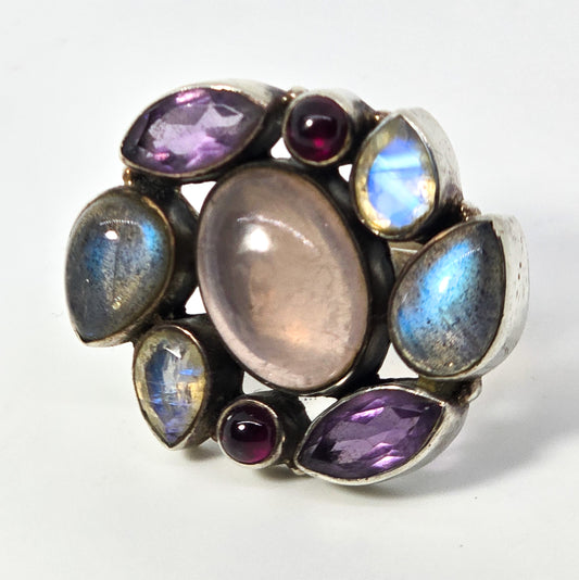 Large gemstone quartz, labradorite, moonstone, amethyst sterling silver ring size 6