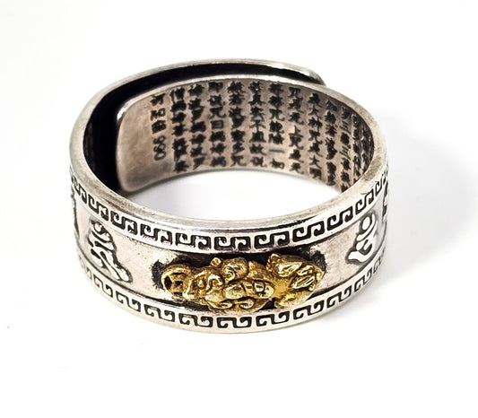 Feng Shui Pixiu lucky wealth silver plated two toned adjustable ring size 10