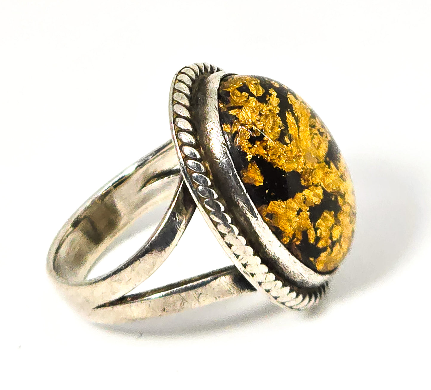 Gold flake Lucite sterling silver Native American vintage ring size 5