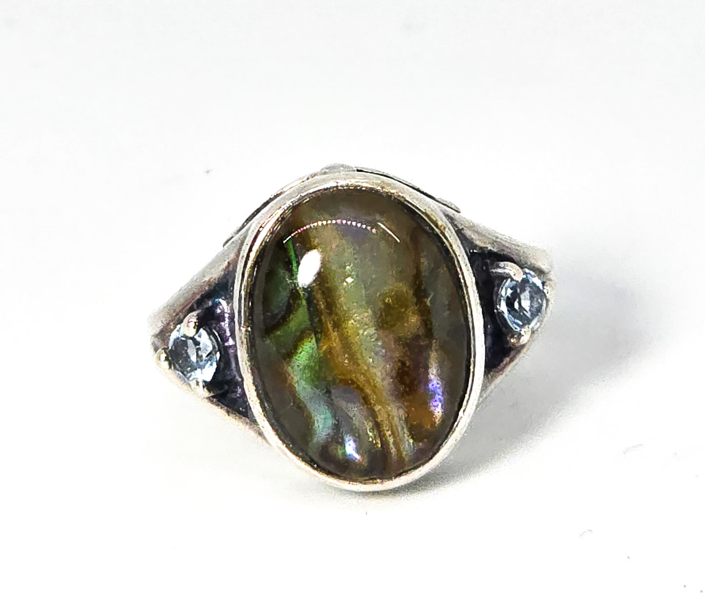 Abalone and blue topaz sterling silver signed Avon ring size 6