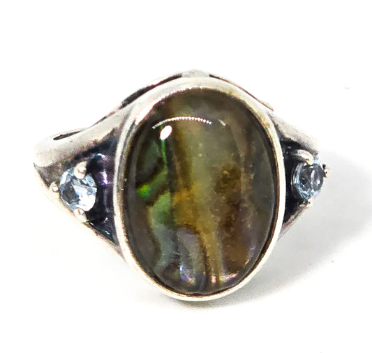 Abalone and blue topaz sterling silver signed Avon ring size 6