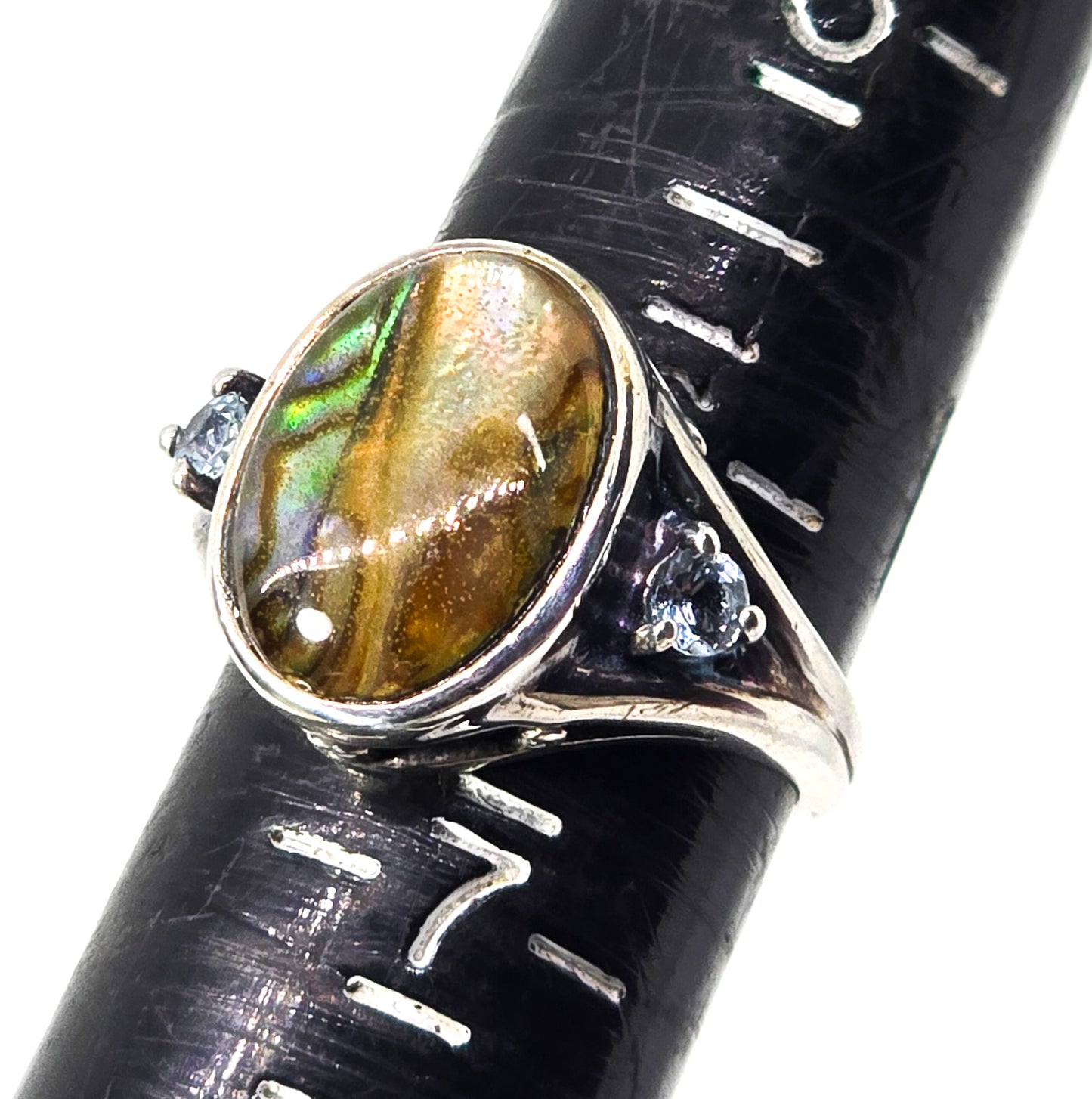 Abalone and blue topaz sterling silver signed Avon ring size 6