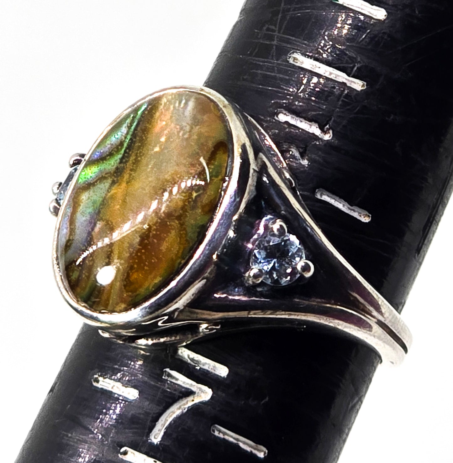 Abalone and blue topaz sterling silver signed Avon ring size 6