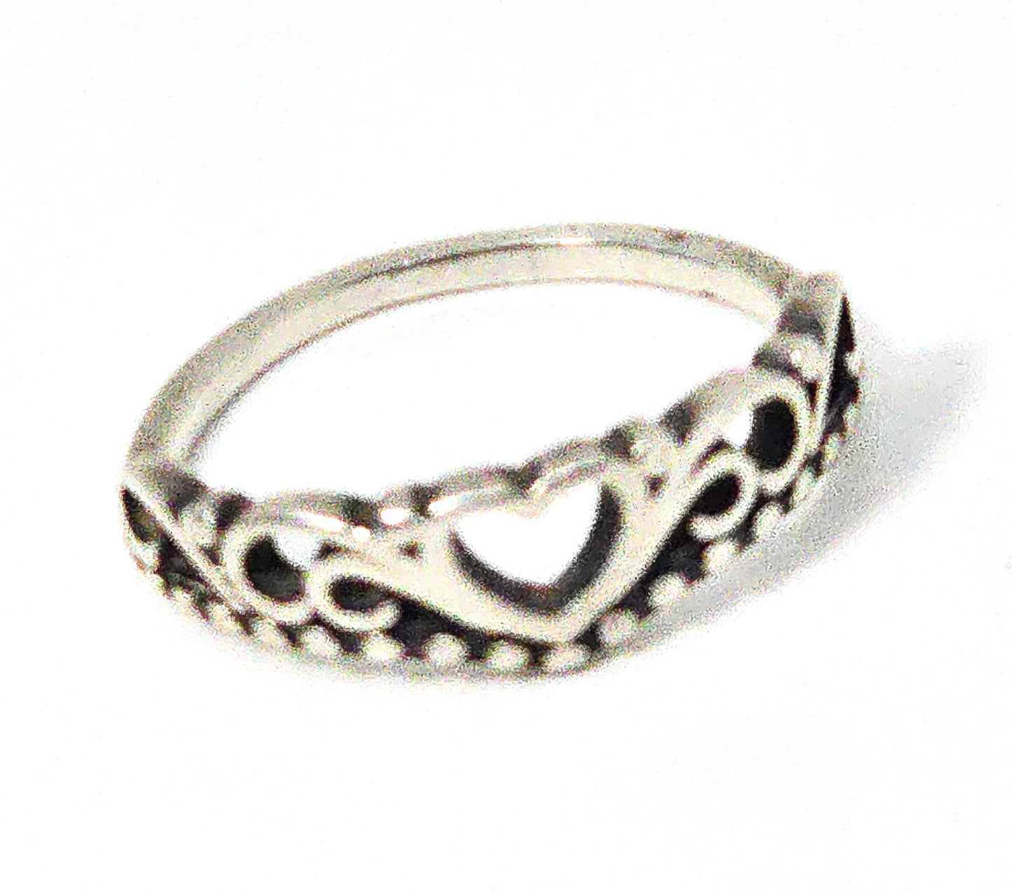 Heart filigree crown sterling silver thin stacking ring size 8