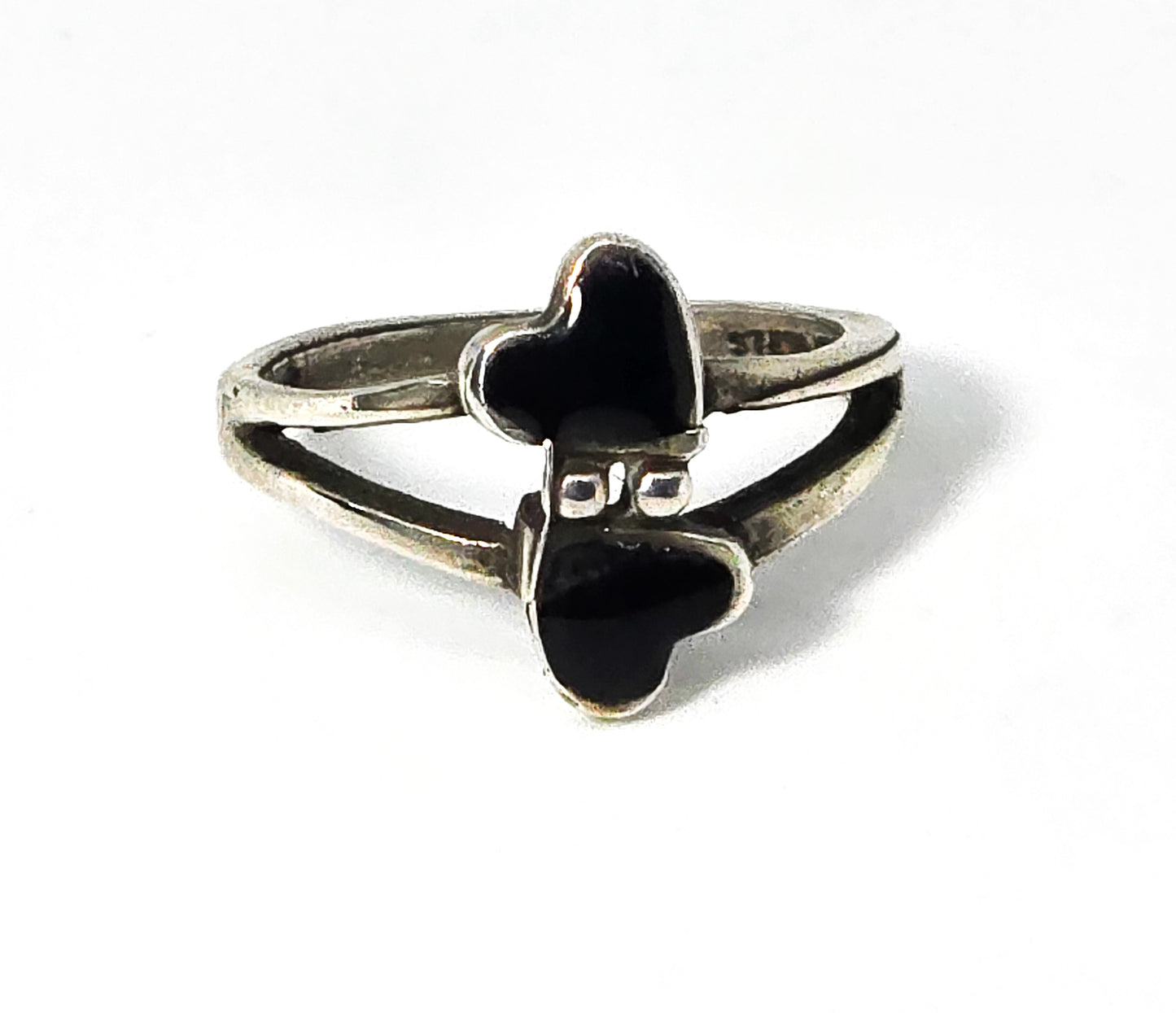 Black heart double enamel retro vintage sterling silver ring size 4