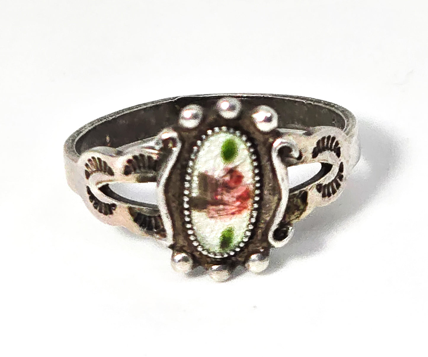 Southwestern pink rose flower enamel vintage sterling silver ring size 6.5