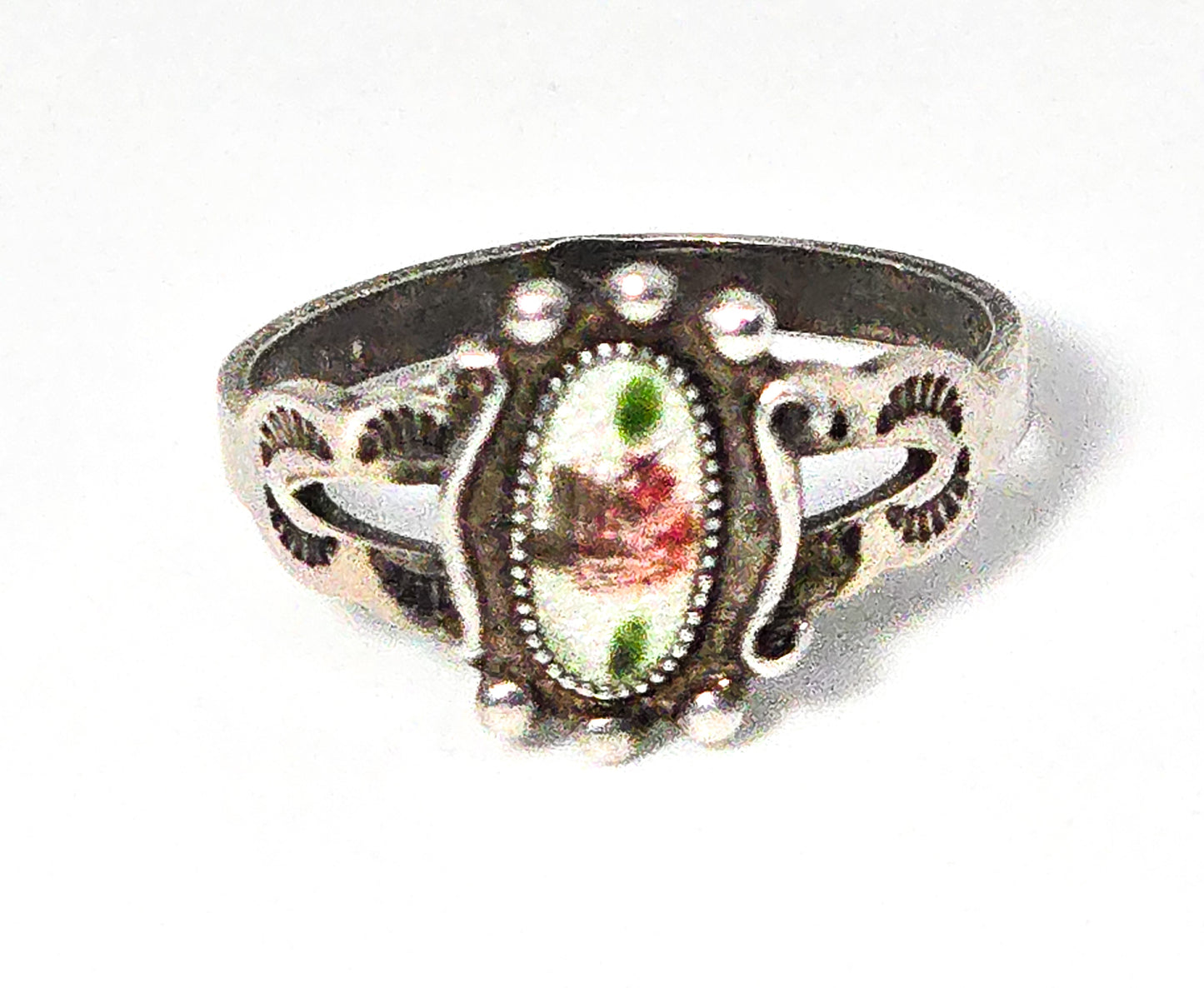 Southwestern pink rose flower enamel vintage sterling silver ring size 6.5