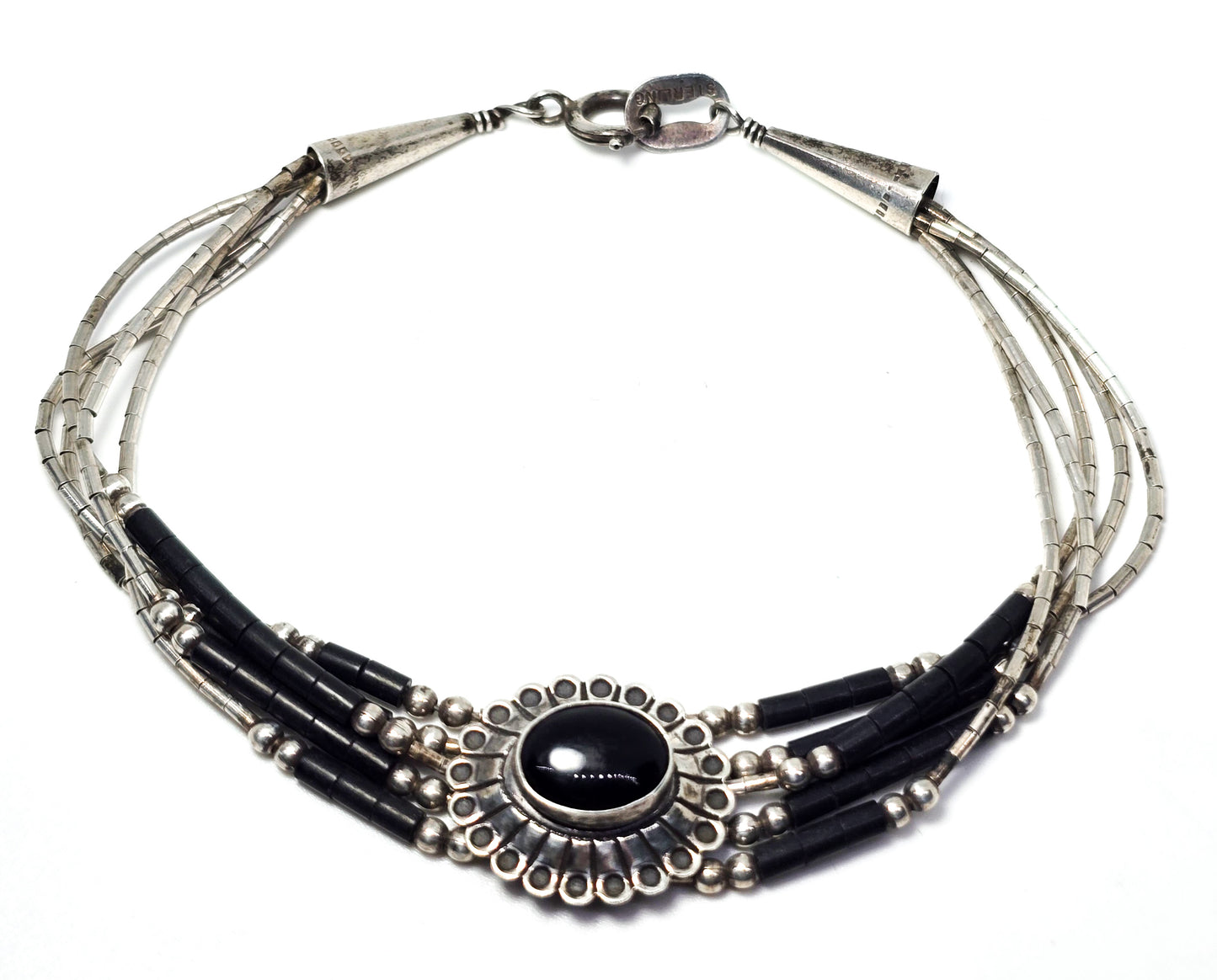 Liquid silver Onyx black Heishi bead Native American sterling silver concho bracelet