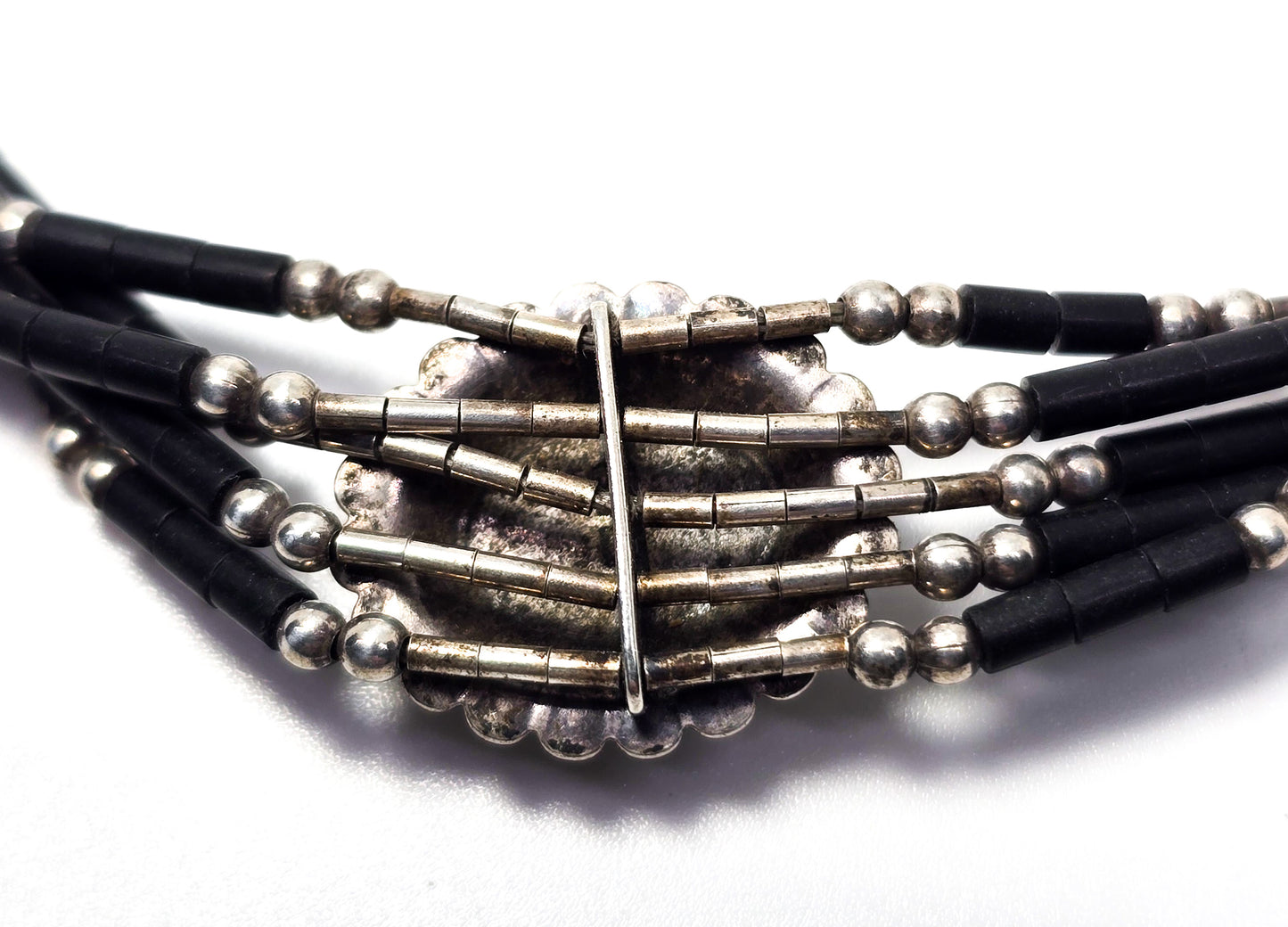 Liquid silver Onyx black Heishi bead Native American sterling silver concho bracelet