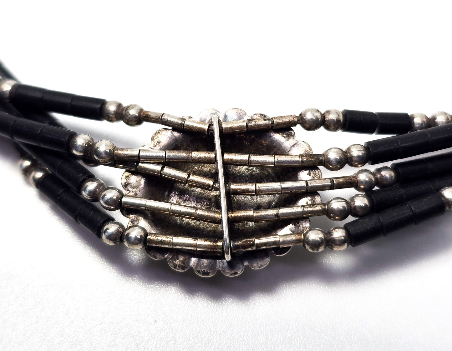 Liquid silver Onyx black Heishi bead Native American sterling silver concho bracelet