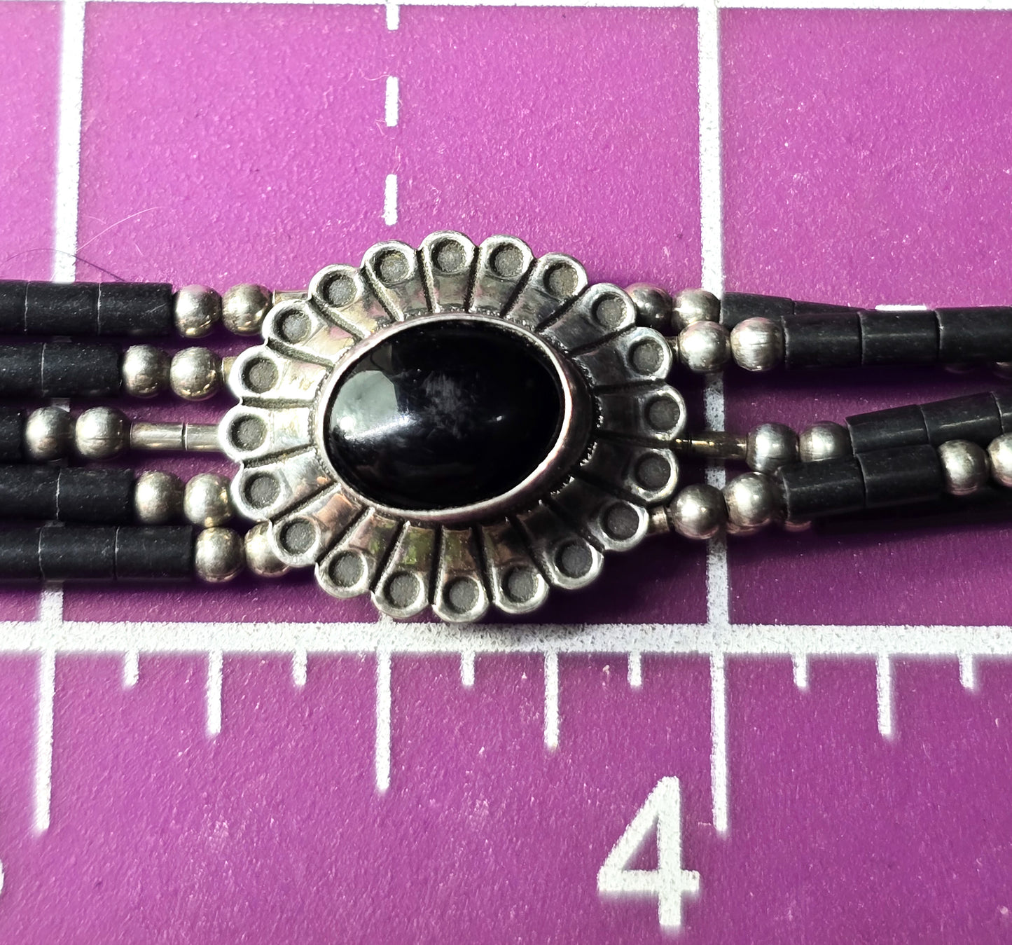 Liquid silver Onyx black Heishi bead Native American sterling silver concho bracelet