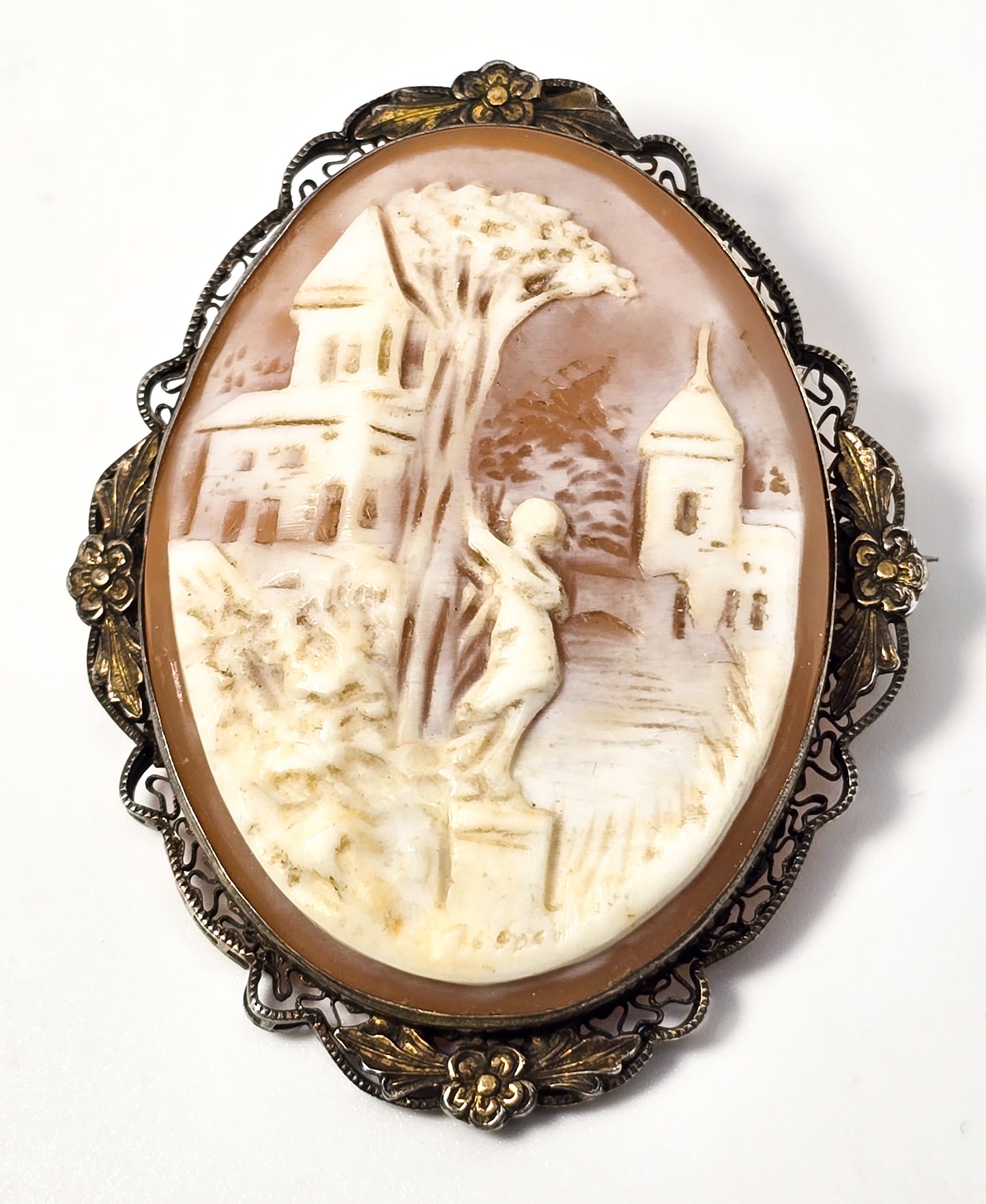 Rebekah and the Well antique carved shell sterling silver gold filled cameo brooch