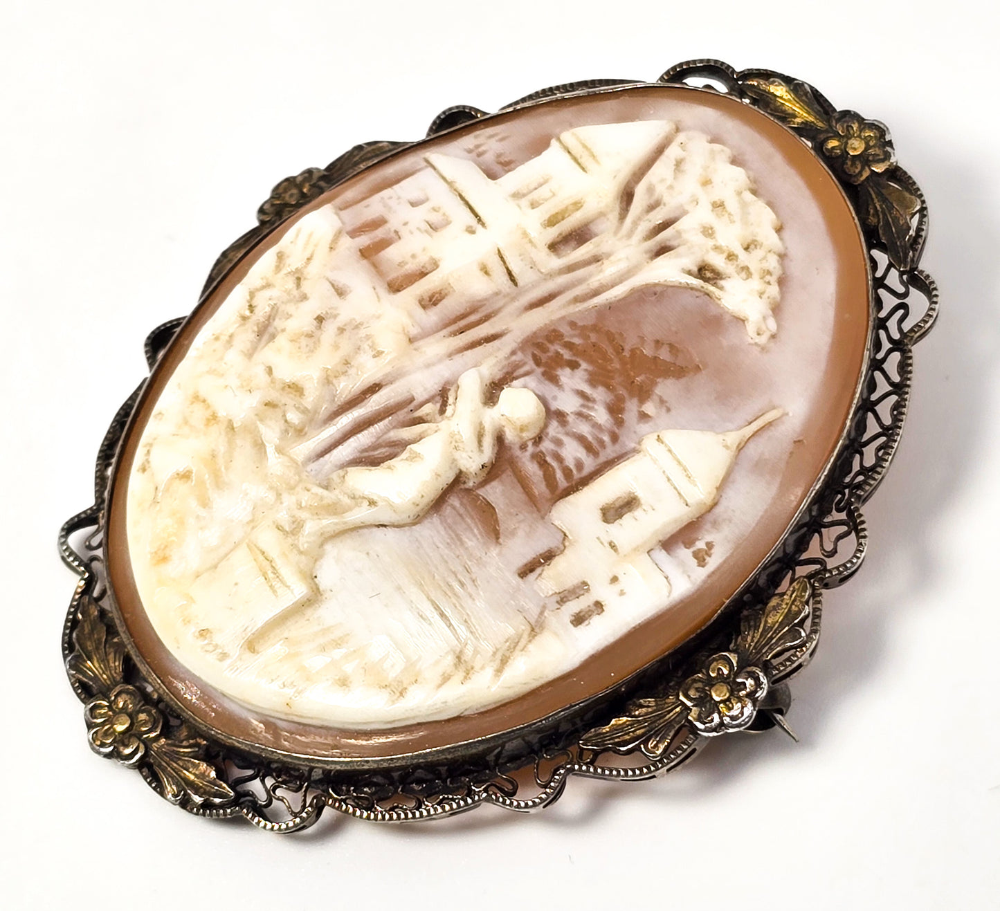 Rebekah and the Well antique carved shell sterling silver gold filled cameo brooch