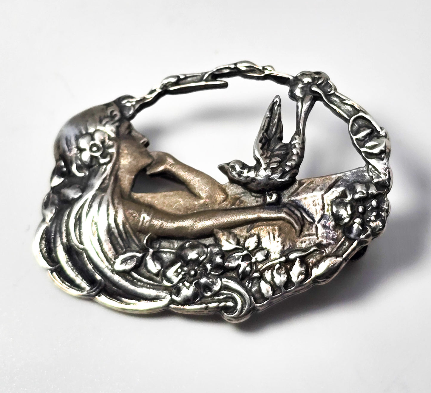 Art Nouveau style flowing nymph swallow bird vintage sterling silver brooch