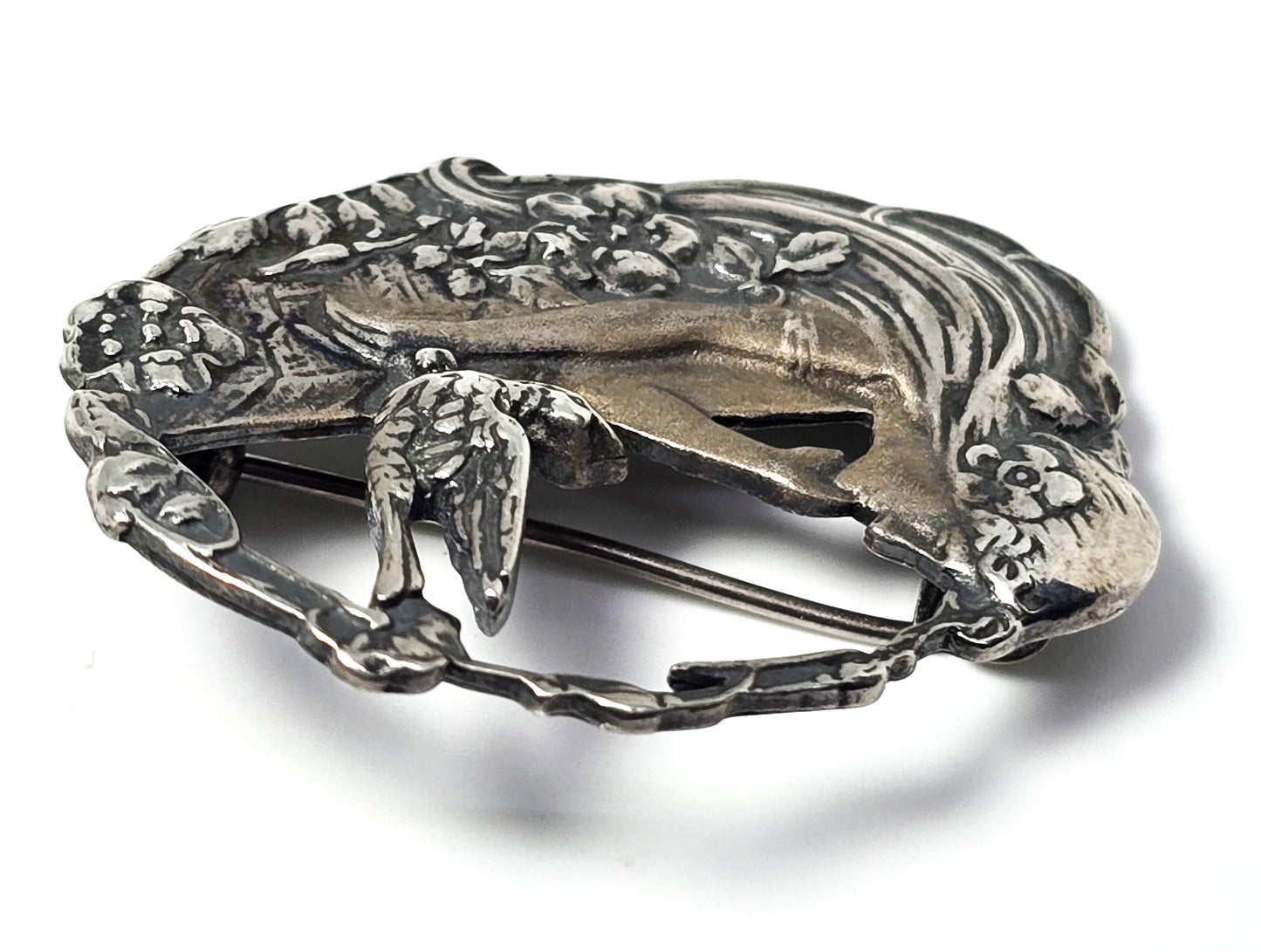 Art Nouveau style flowing nymph swallow bird vintage sterling silver brooch