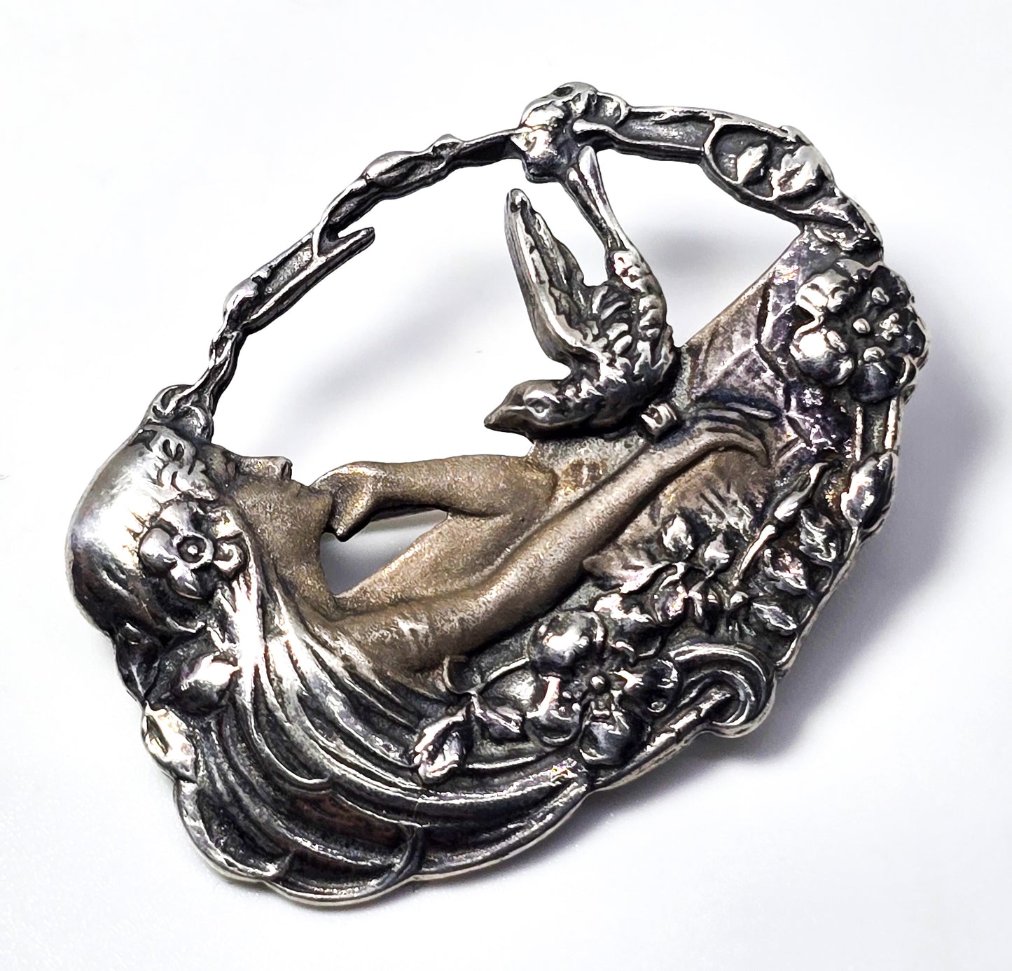 Art Nouveau style flowing nymph swallow bird vintage sterling silver brooch