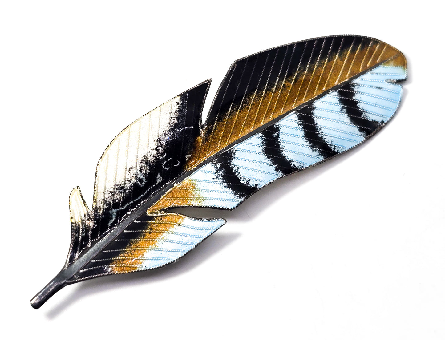 Blue Jay Bird Blue enamel stripped vintage sterling silver feather brooch pin