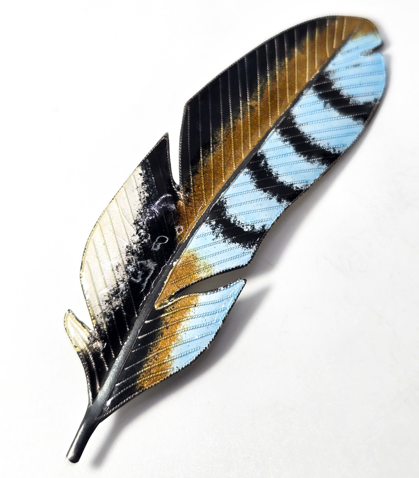 Blue Jay Bird Blue enamel stripped vintage sterling silver feather brooch pin