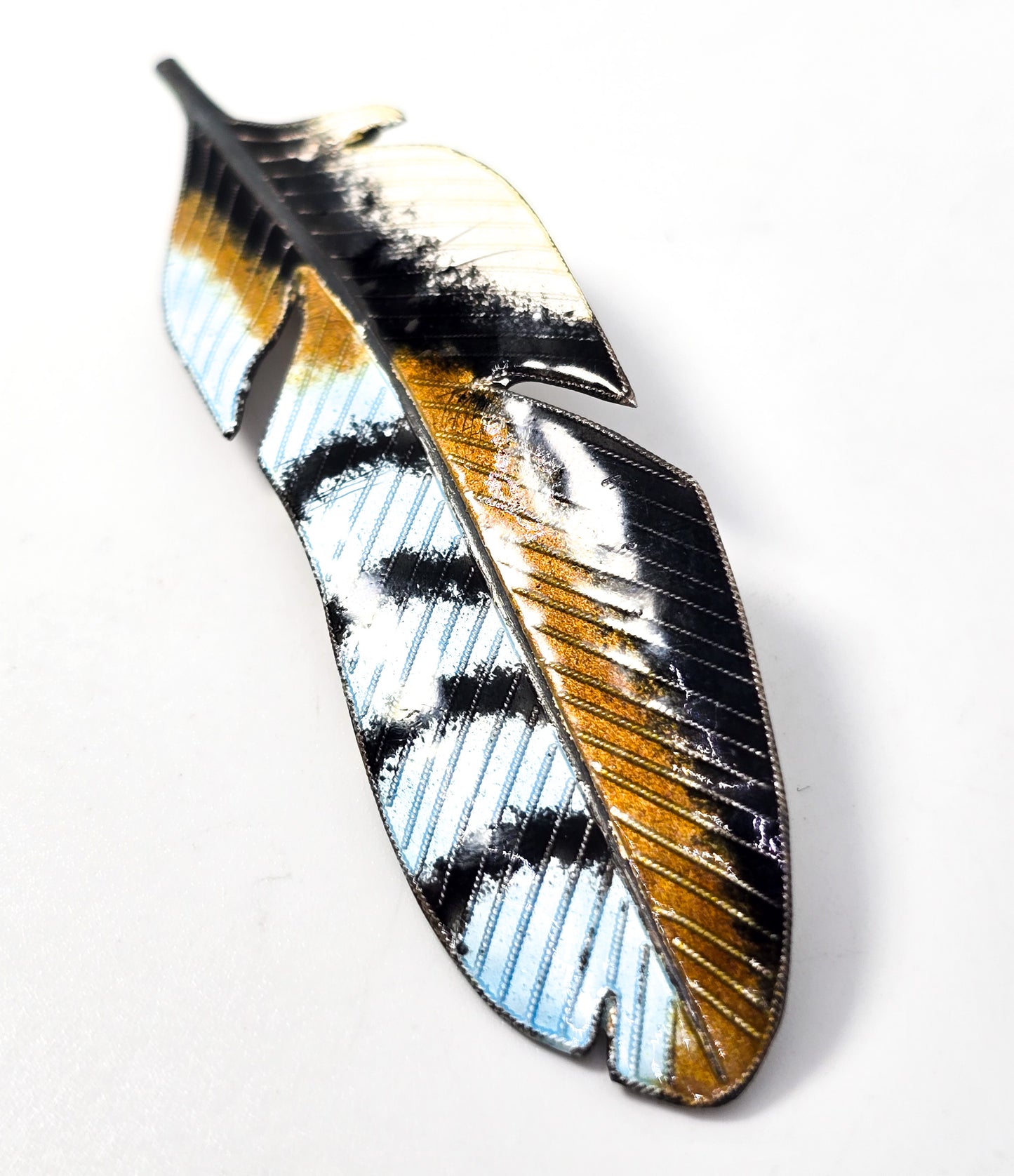 Blue Jay Bird Blue enamel stripped vintage sterling silver feather brooch pin