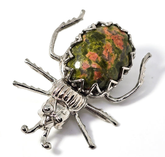 Unakite green gemstone vintage silver toned insect bug lapel pin brooch