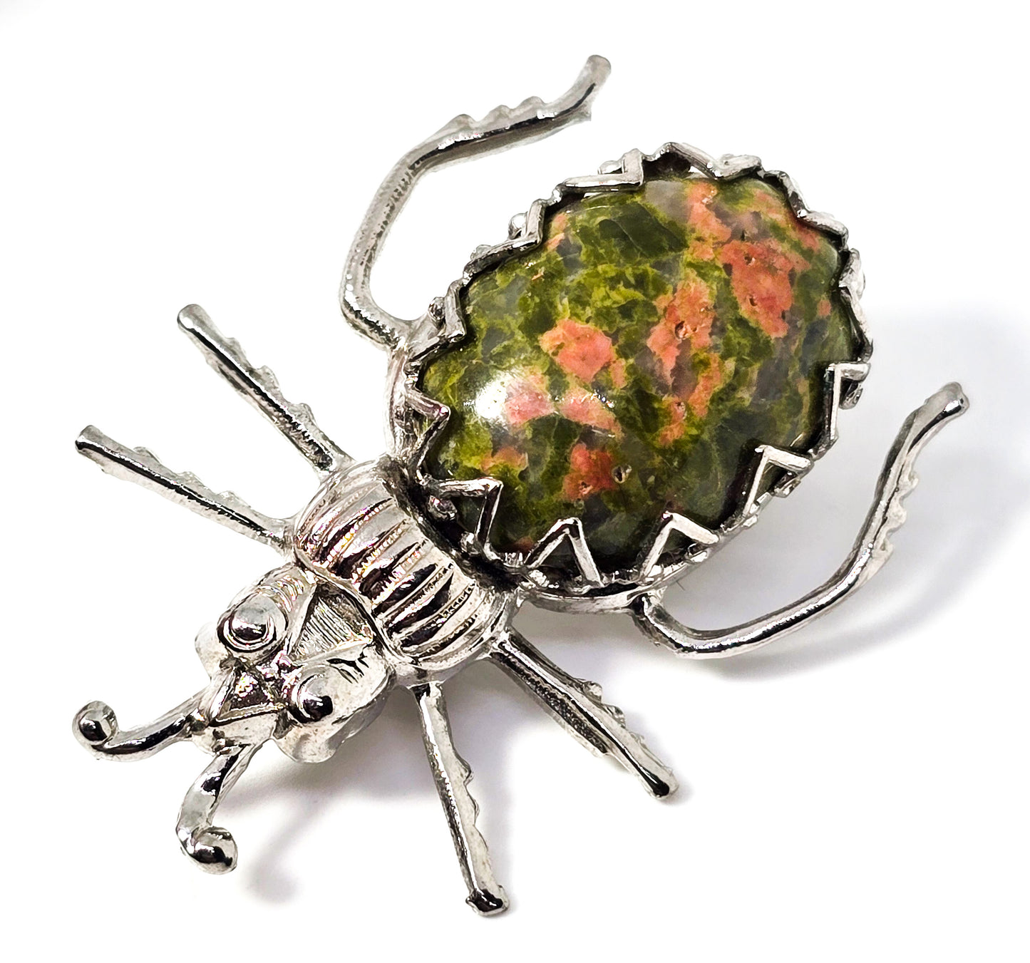 Unakite green gemstone vintage silver toned insect bug lapel pin brooch