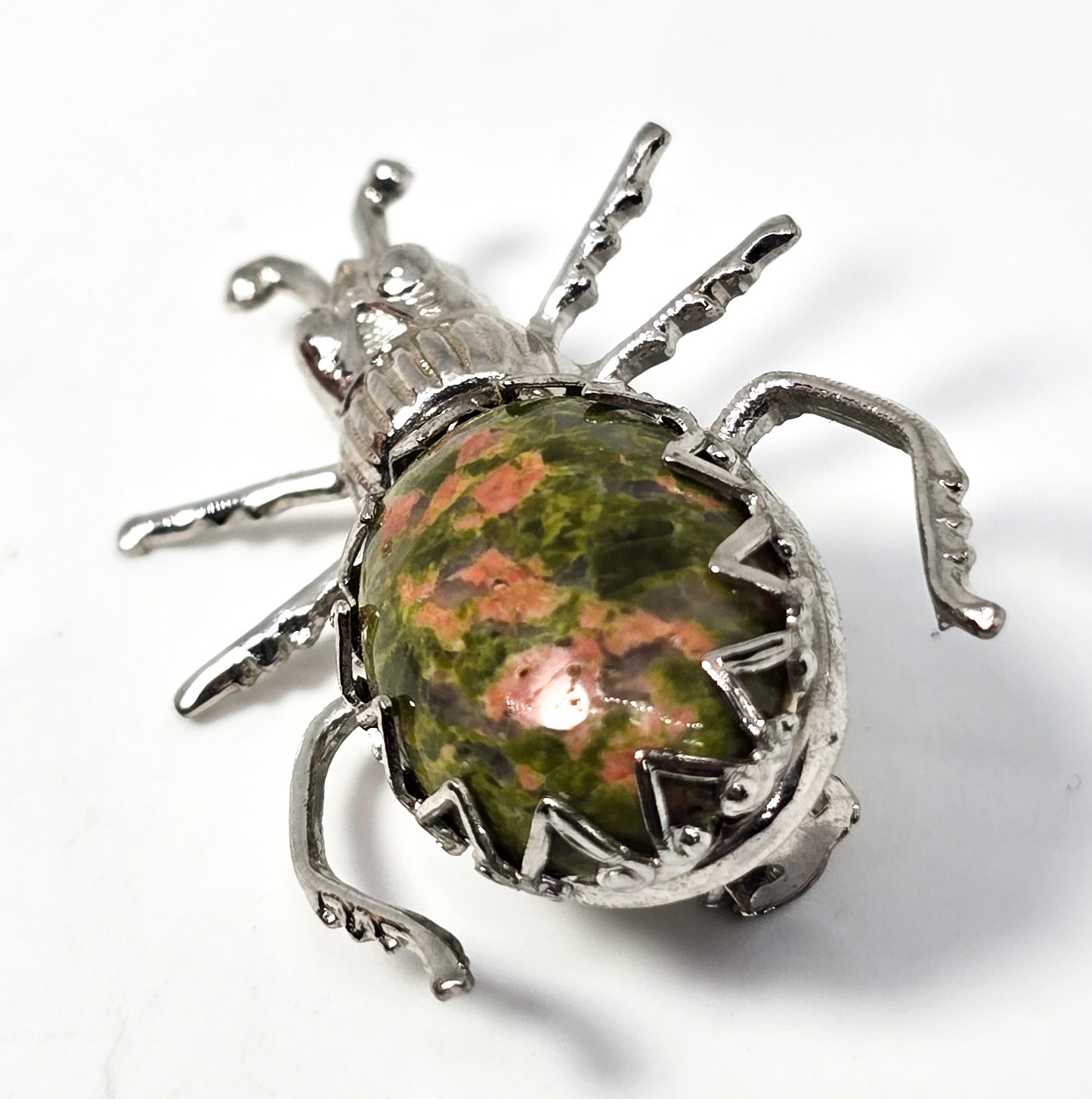 Unakite green gemstone vintage silver toned insect bug lapel pin brooch