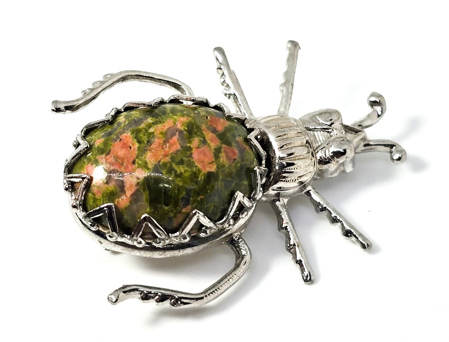 Unakite green gemstone vintage silver toned insect bug lapel pin brooch