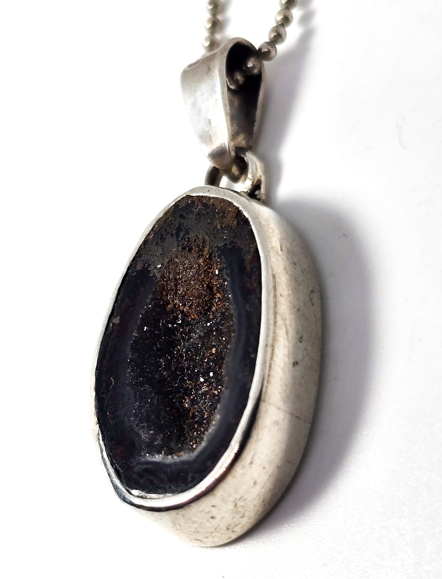 Tabasco geode black druzy red CVM vintage sterling silver pendant necklace