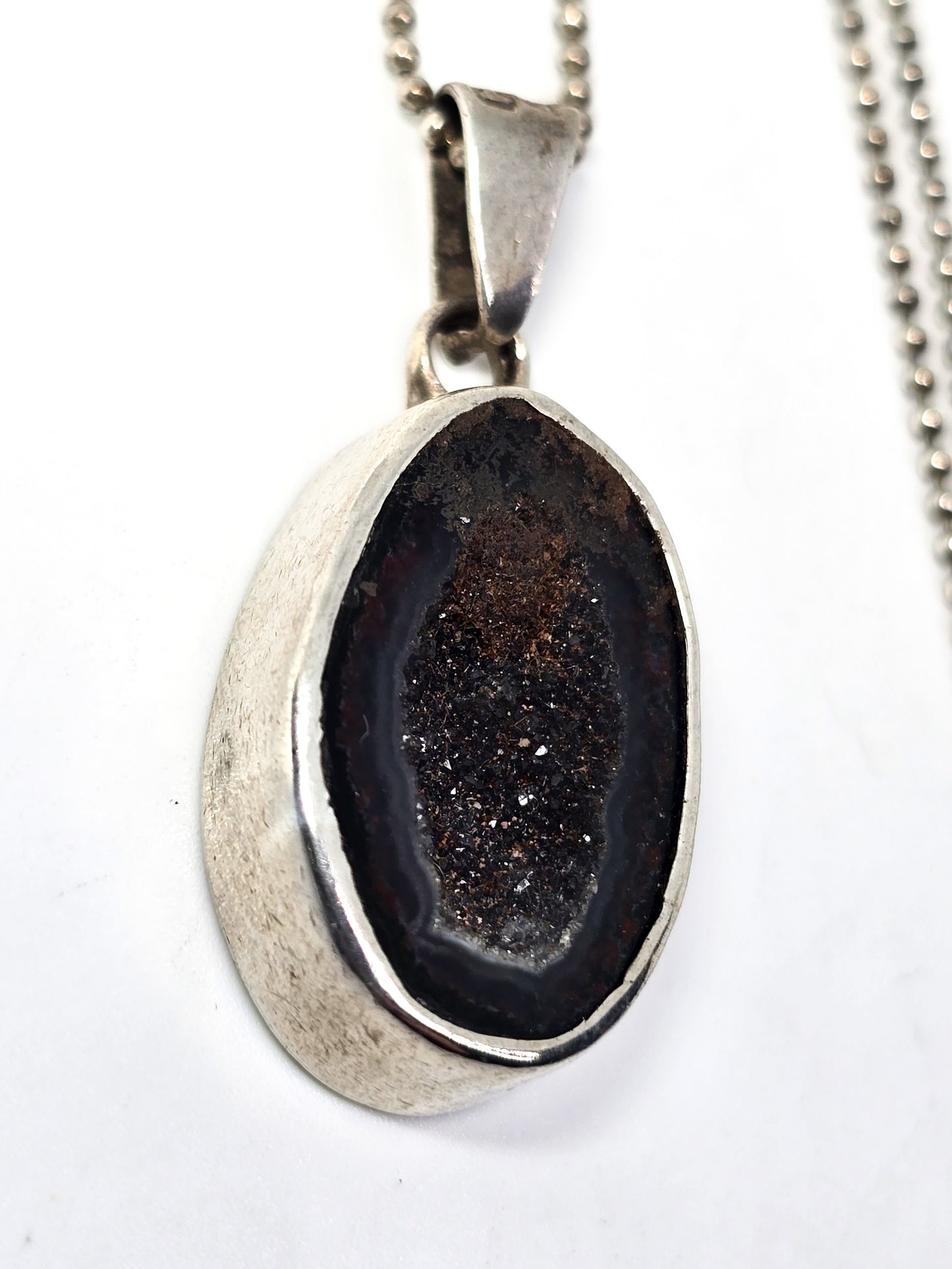 Tabasco geode black druzy red CVM vintage sterling silver pendant necklace