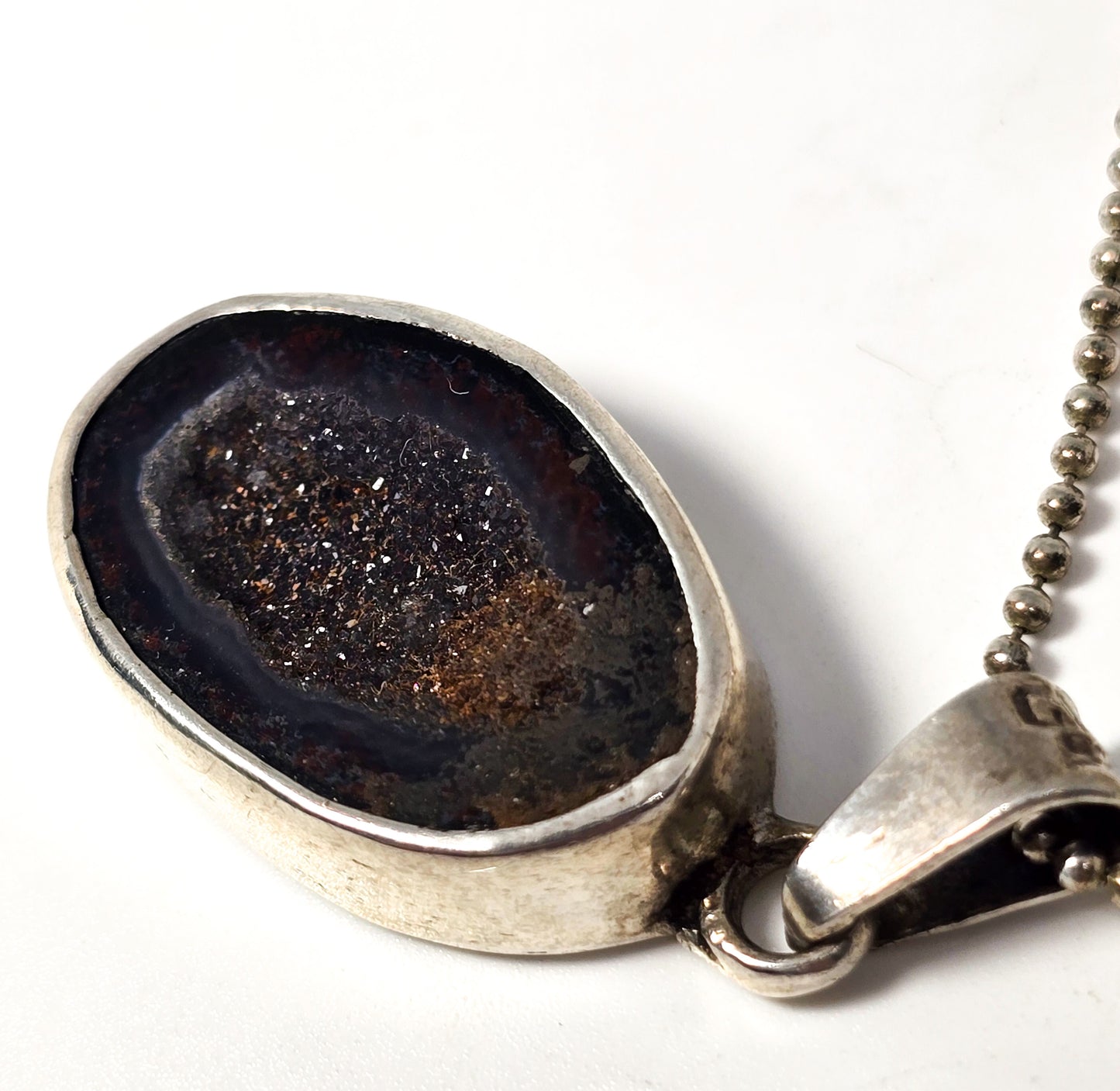 Tabasco geode black druzy red CVM vintage sterling silver pendant necklace