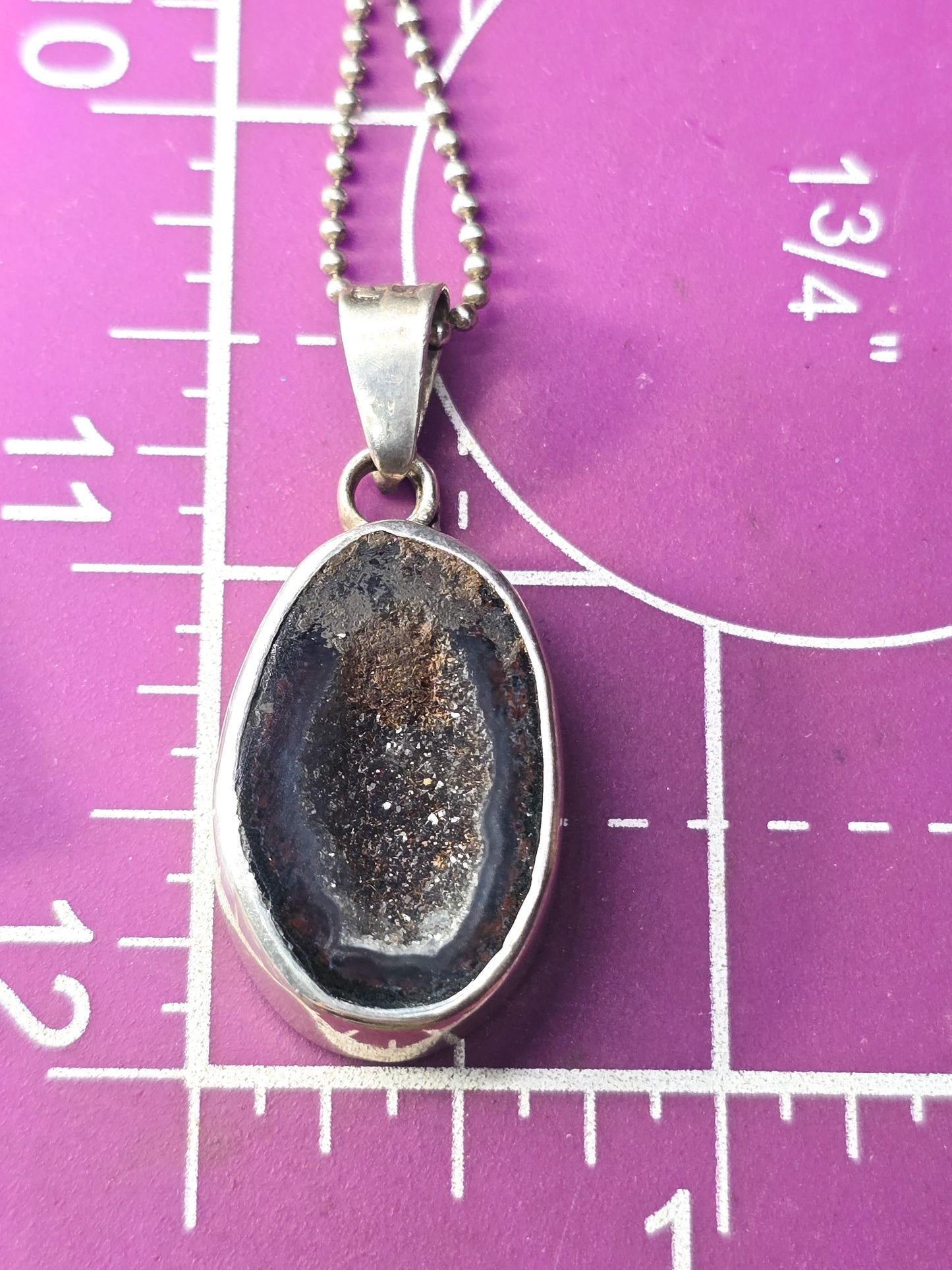 Tabasco geode black druzy red CVM vintage sterling silver pendant necklace