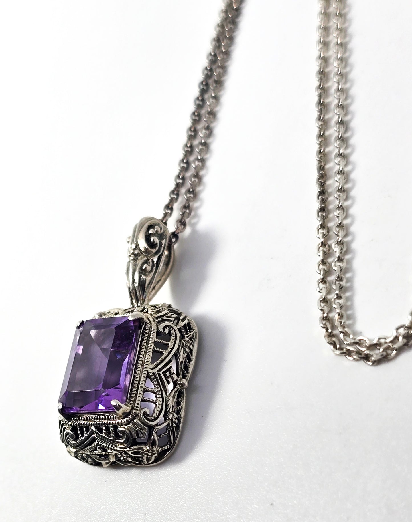 CNA Amethyst filigree signed sterling silver signed vintage pendant necklace