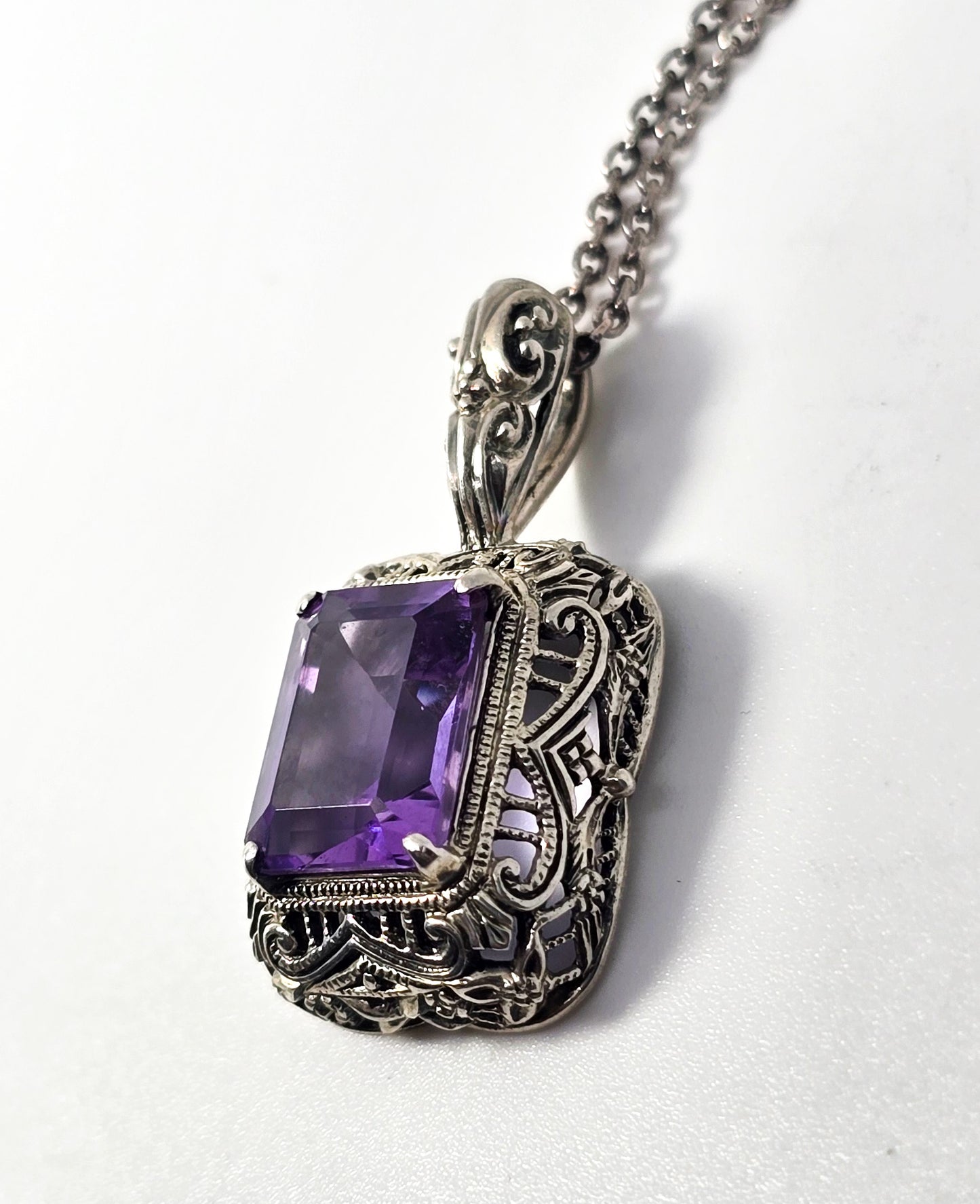 CNA Amethyst filigree signed sterling silver signed vintage pendant necklace