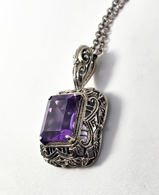 CNA Amethyst filigree signed sterling silver signed vintage pendant necklace