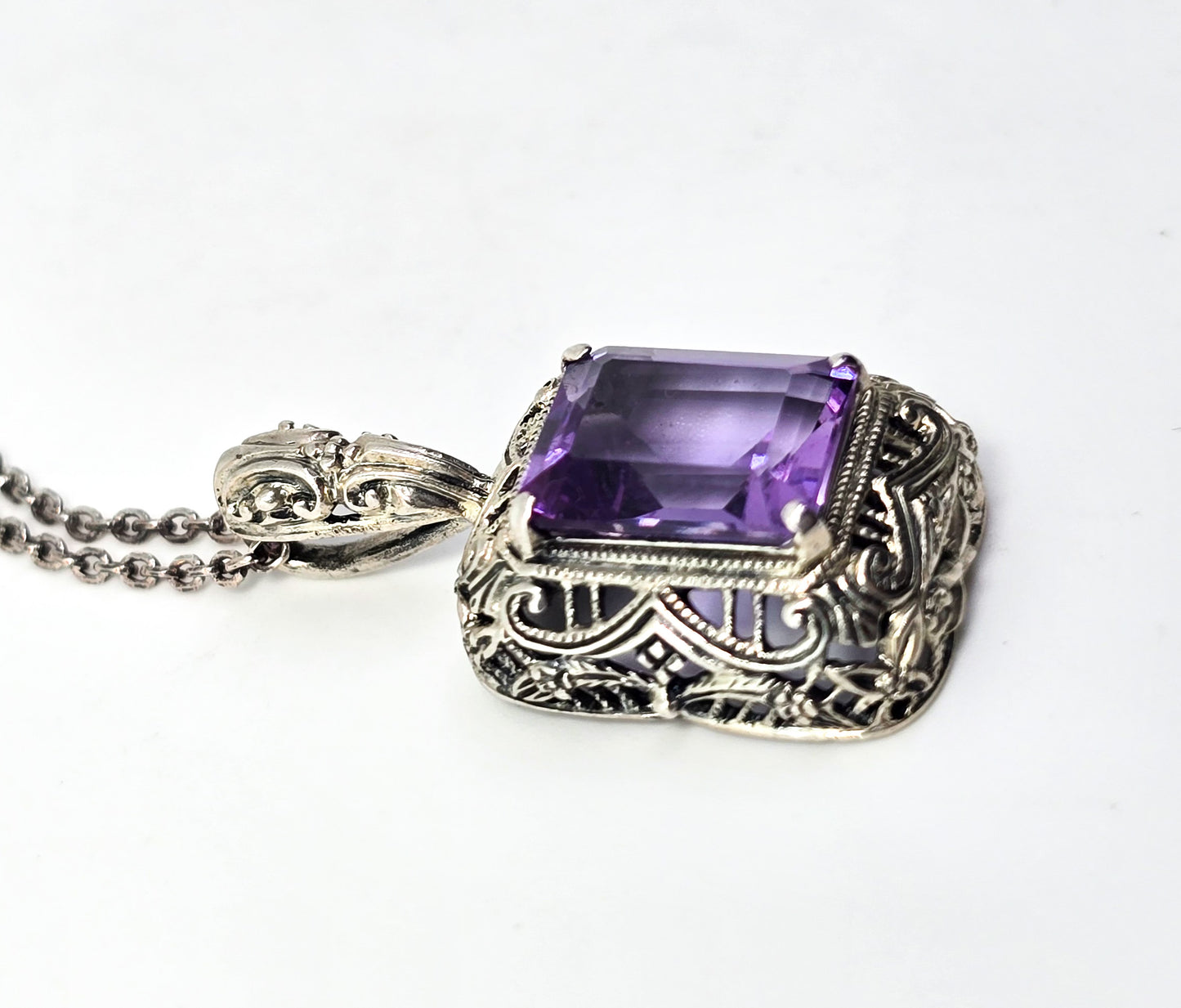 CNA Amethyst filigree signed sterling silver signed vintage pendant necklace