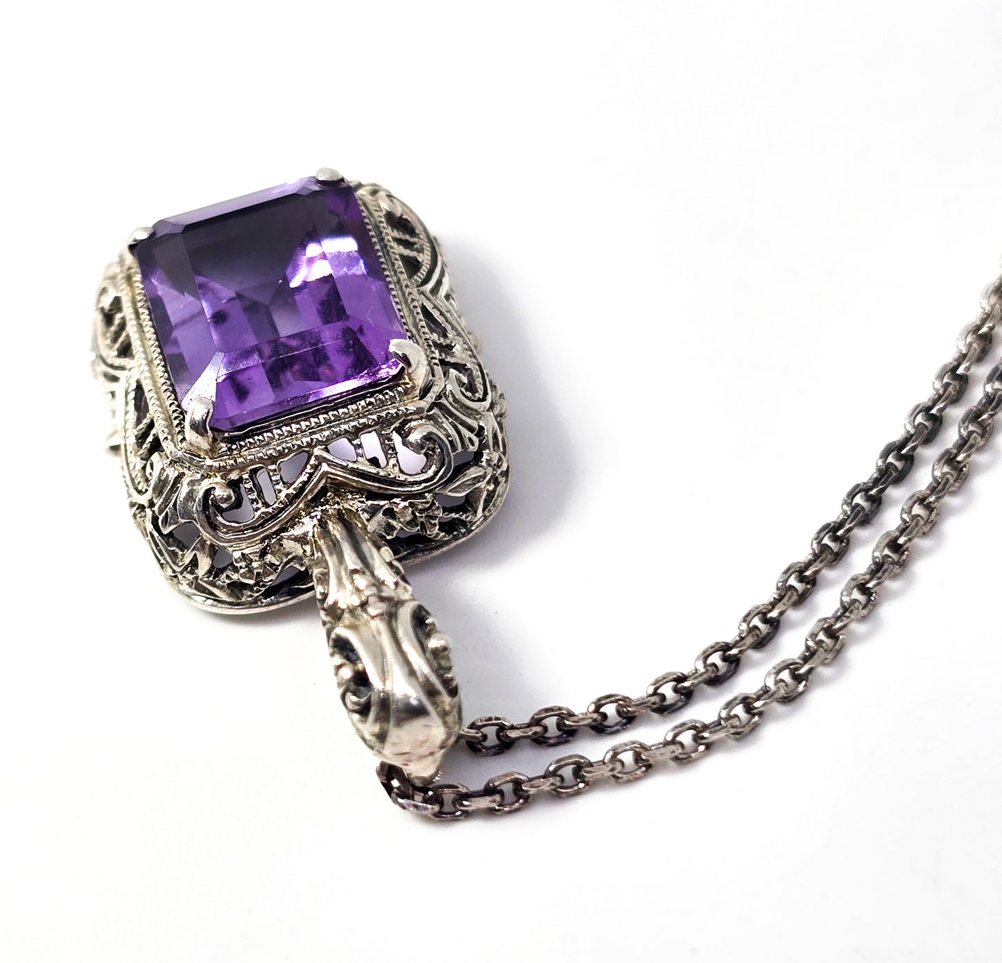 CNA Amethyst filigree signed sterling silver signed vintage pendant necklace