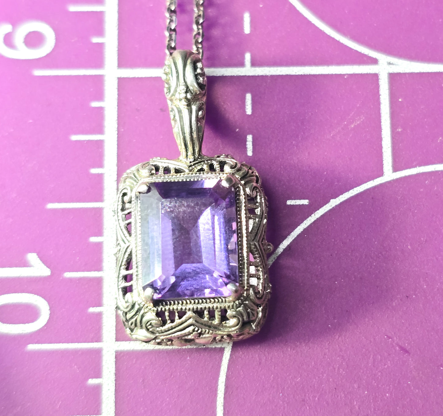 CNA Amethyst filigree signed sterling silver signed vintage pendant necklace