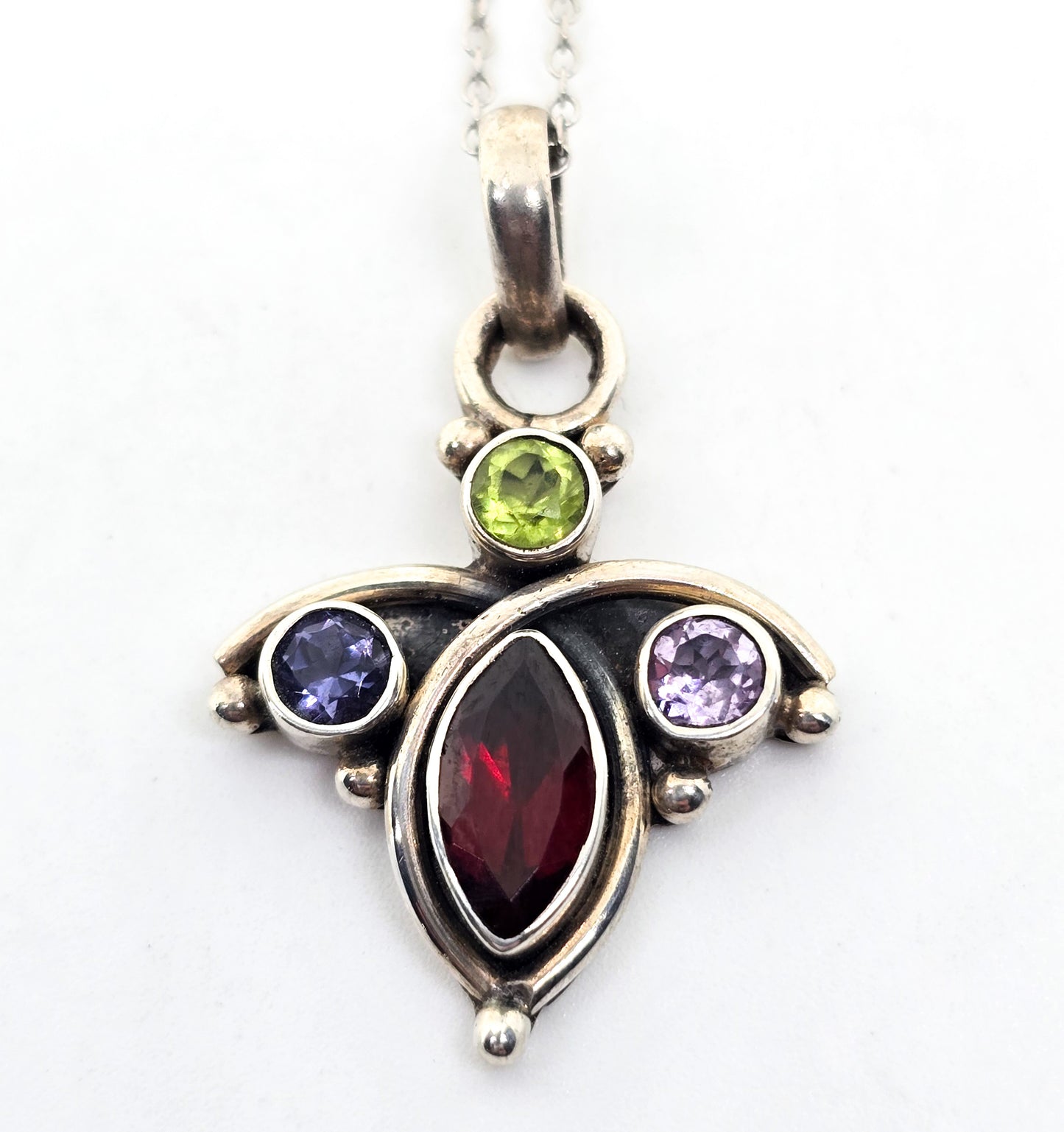 Multi gemstone butterfly garnet amethyst peridot tanzanite sterling silver necklace